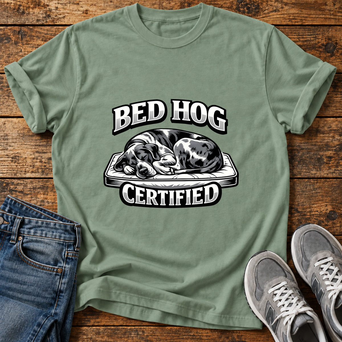 Bed Hog Certified Great Dane graphic T-shirt in Sage, shown on a flat-lay shirt mockup
