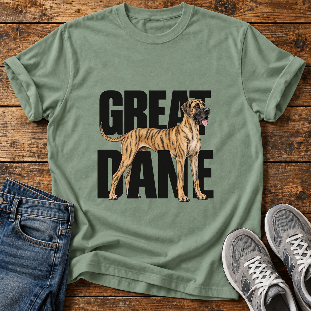 Great Dane graphic T-shirt in Sage, shown on a flat-lay shirt mockup