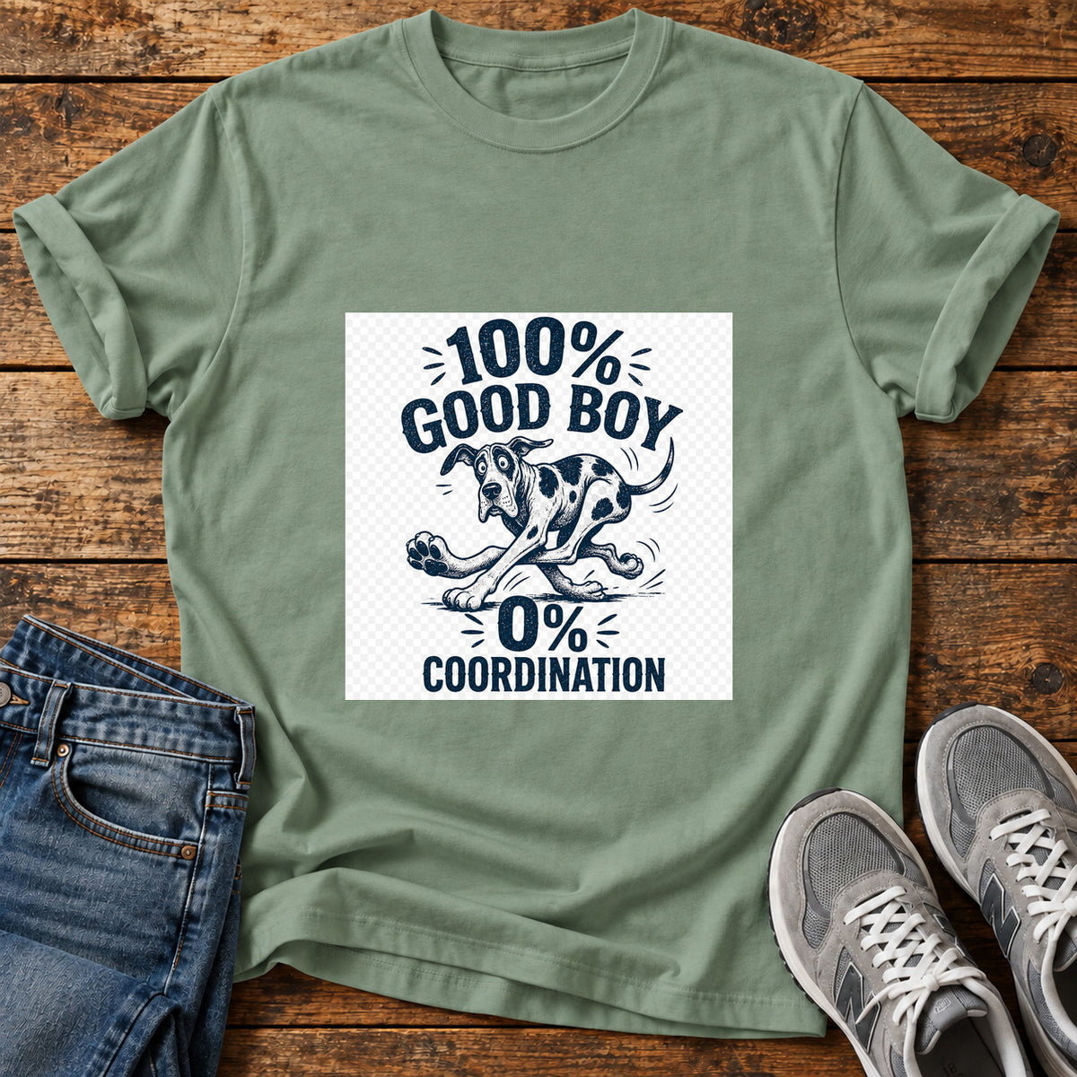 Good Boy Coordination Great Dane graphic T-shirt in Sage, shown on a flat-lay shirt mockup