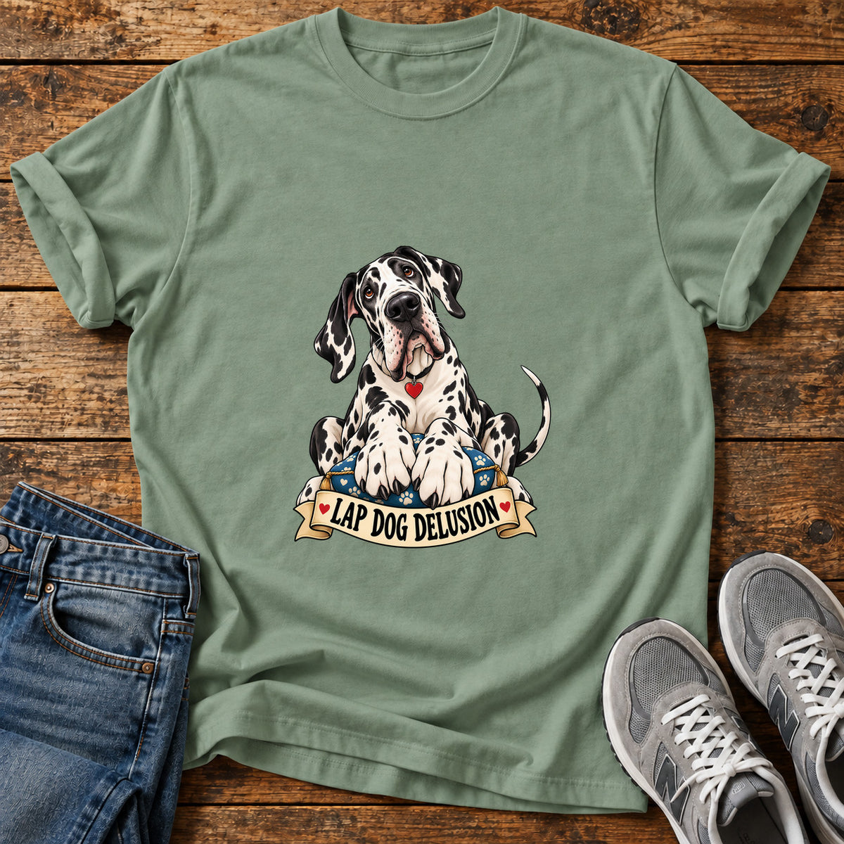 Lap Dog Delusion Great Dane graphic T-shirt in Sage, shown on a flat-lay shirt mockup