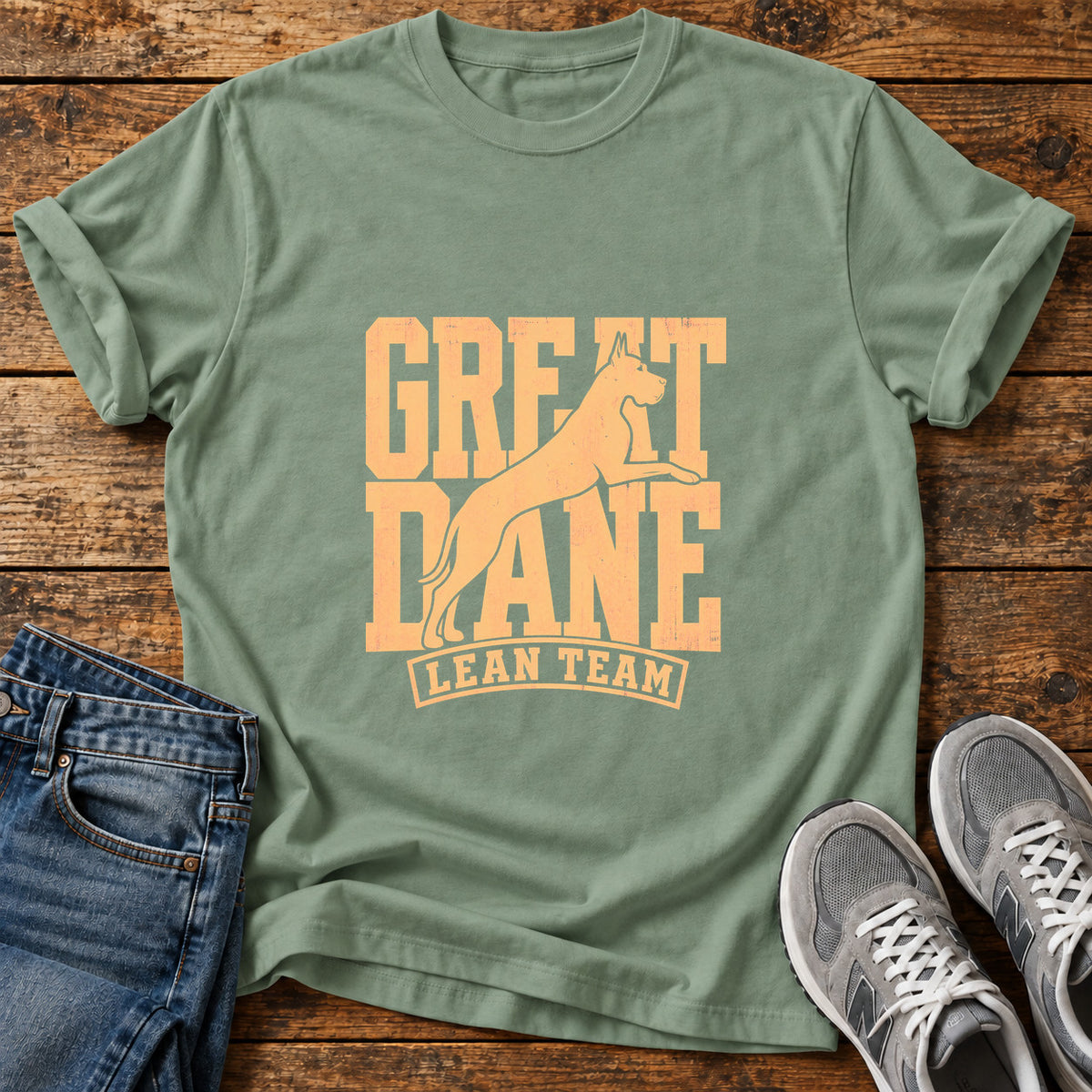 Great Dane Team graphic T-shirt in Sage, shown on a flat-lay shirt mockup