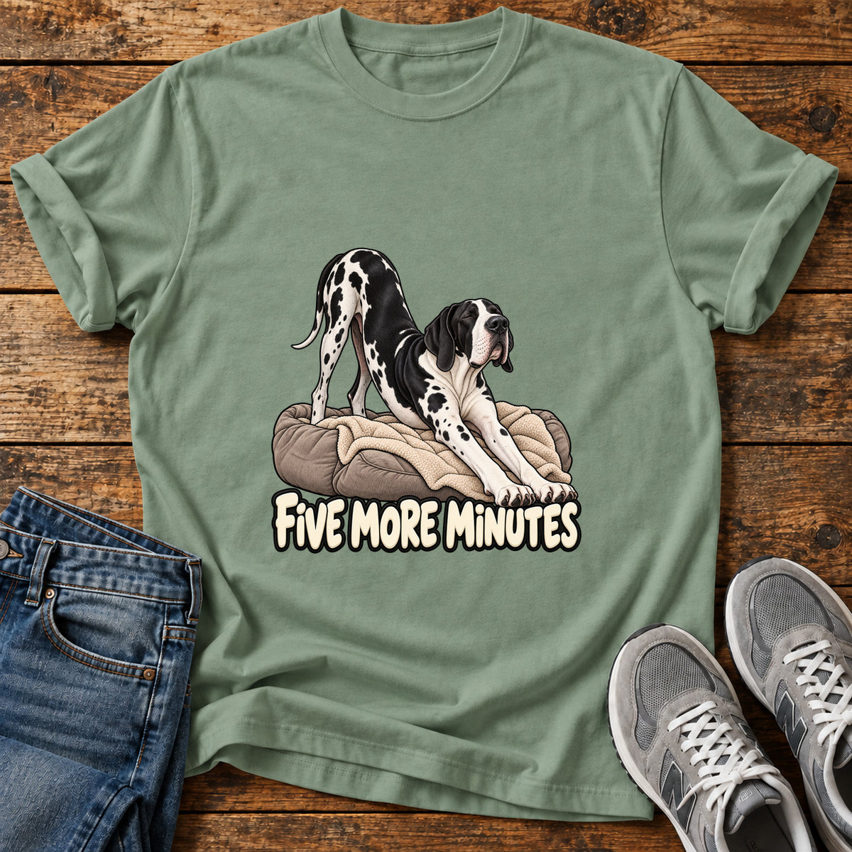 Five More Minutes Great Dane graphic T-shirt in Sage, shown on a flat-lay shirt mockup