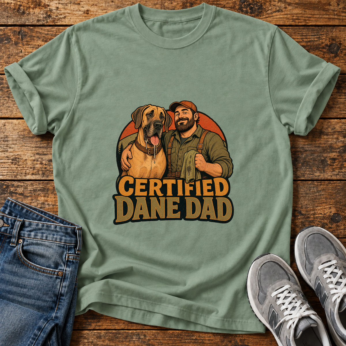 Certified Dane Dad Great Dane graphic T-shirt in Sage, shown on a flat-lay shirt mockup