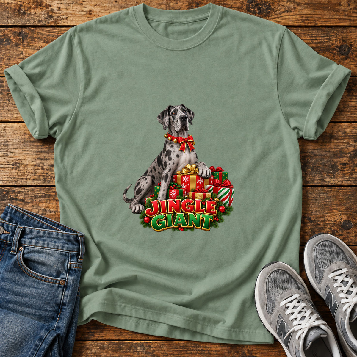 Jingle Giant Great Dane graphic T-shirt in Sage, shown on a flat-lay shirt mockup