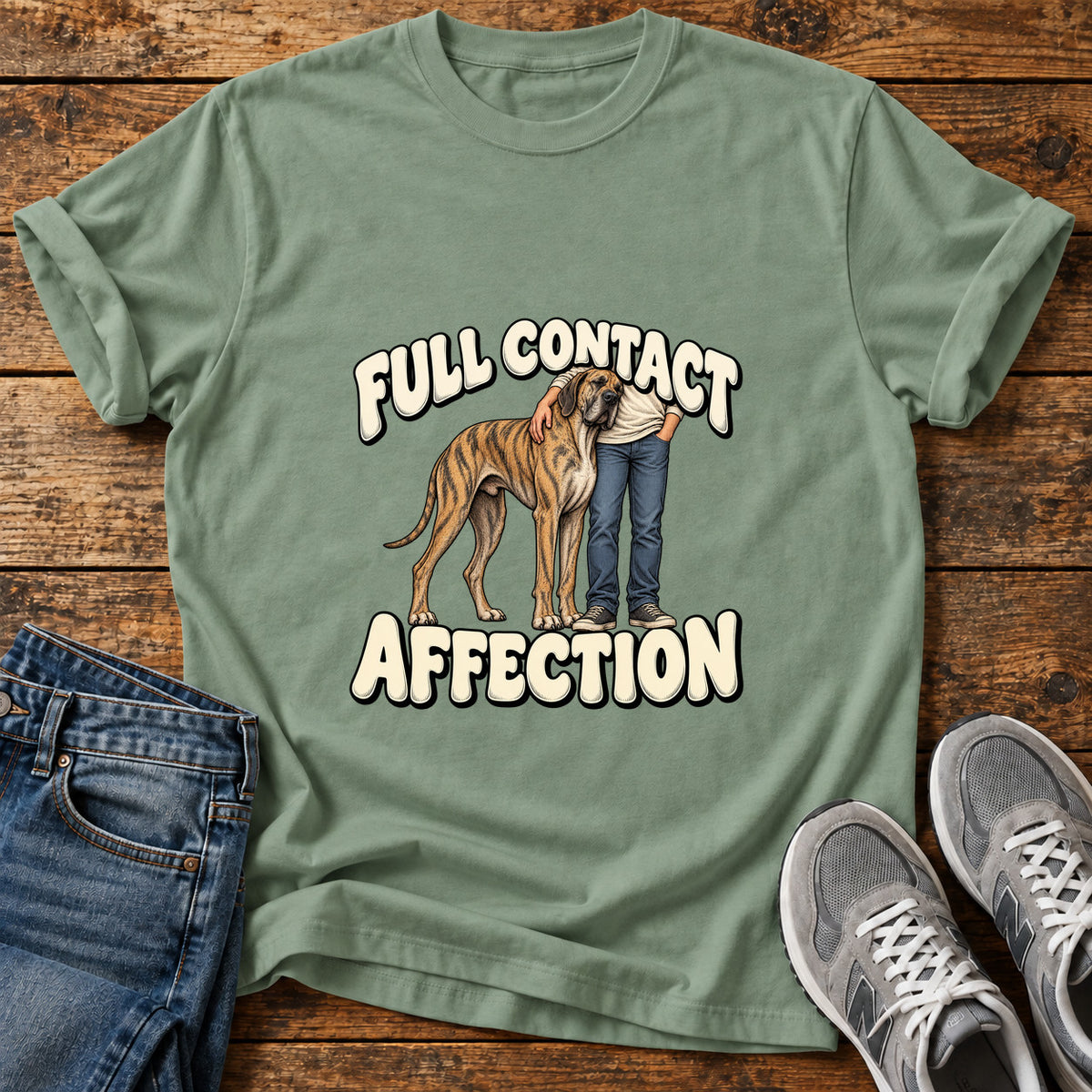 Full Contact Affection Great Dane graphic T-shirt in Sage, shown on a flat-lay shirt mockup