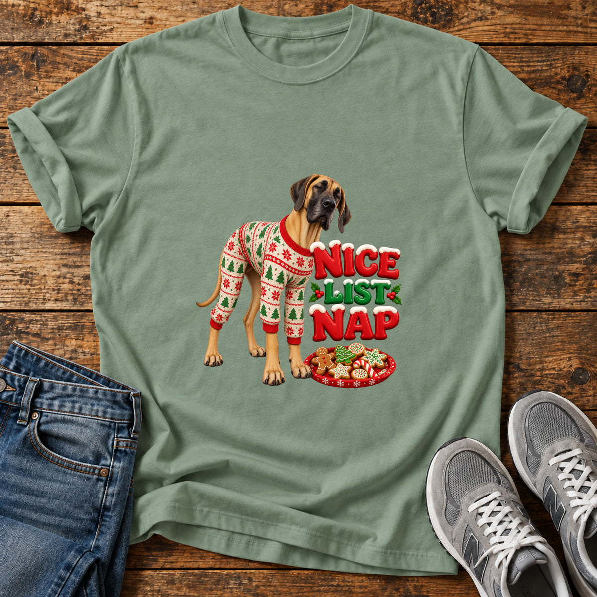 Nice List Nap Great Dane graphic T-shirt in Sage, shown on a flat-lay shirt mockup