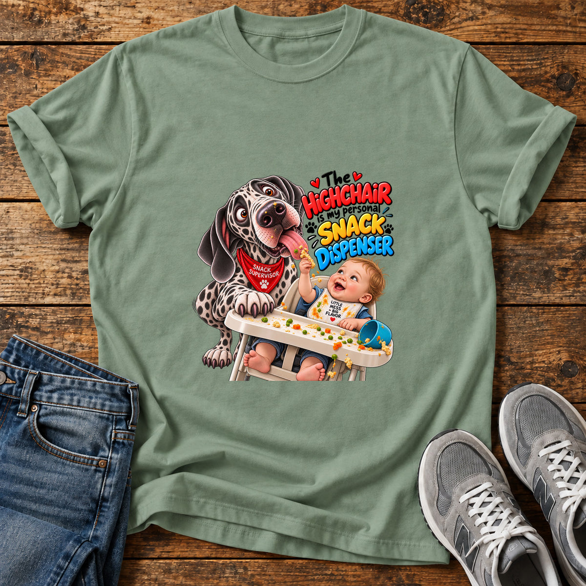 Highchair Snacktime Great Dane graphic T-shirt in Sage, shown on a flat-lay shirt mockup