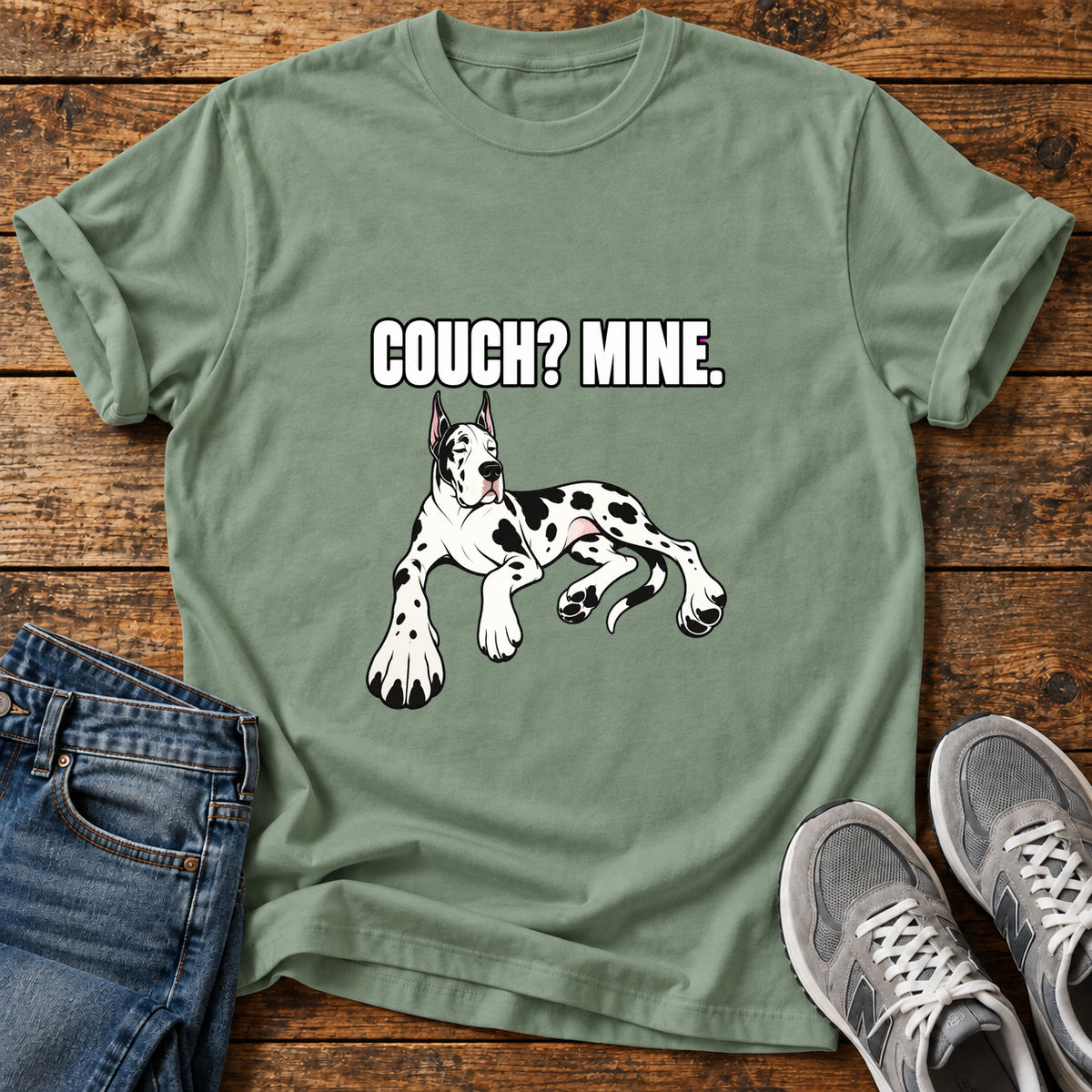 Couch Mine Great Dane graphic T-shirt in Sage, shown on a flat-lay shirt mockup