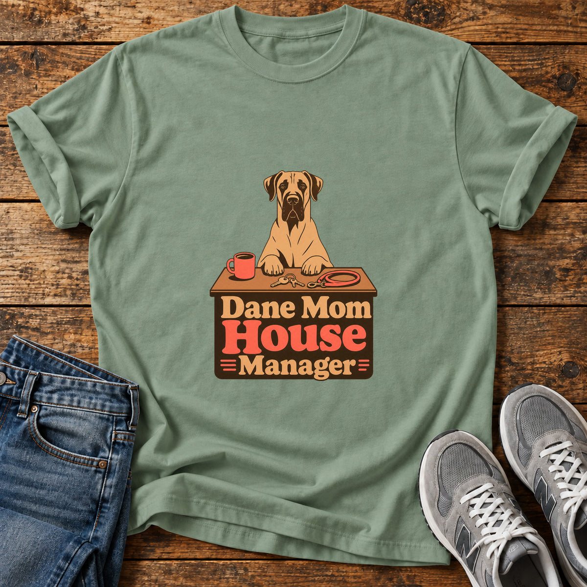 Dane Mom Manager Great Dane graphic T-shirt in Sage, shown on a flat-lay shirt mockup