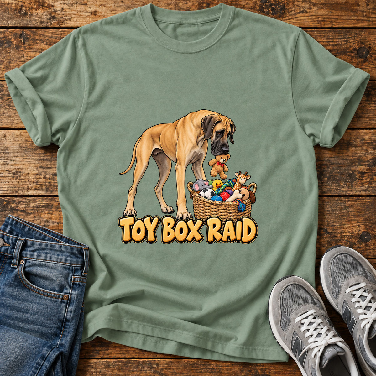 Toy Box Raid Great Dane graphic T-shirt in Sage, shown on a flat-lay shirt mockup