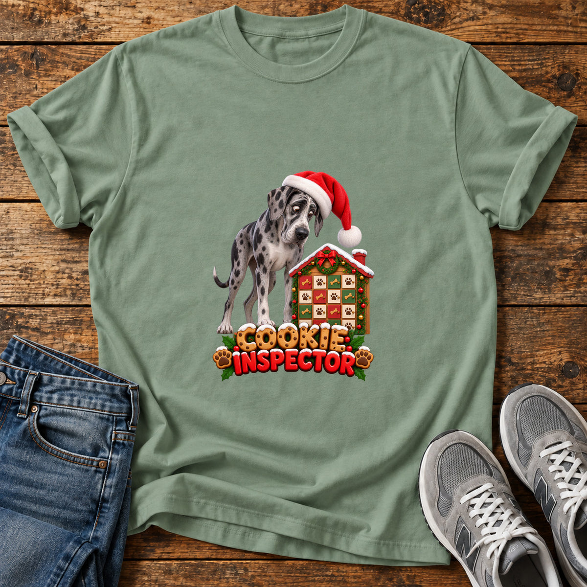 Cookie Inspector Great Dane graphic T-shirt in Sage, shown on a flat-lay shirt mockup