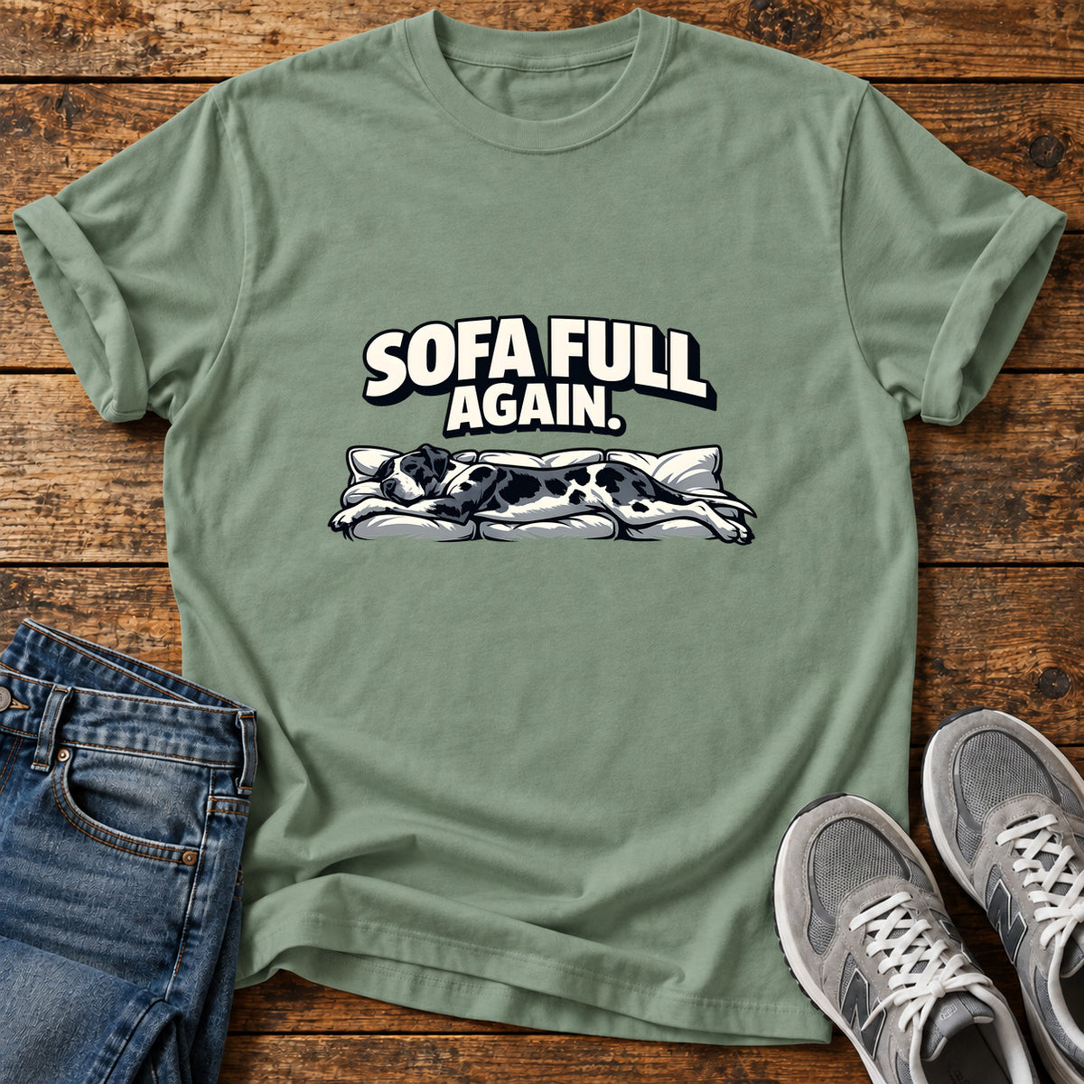 Sofa Full Again Great Dane graphic T-shirt in Sage, shown on a flat-lay shirt mockup