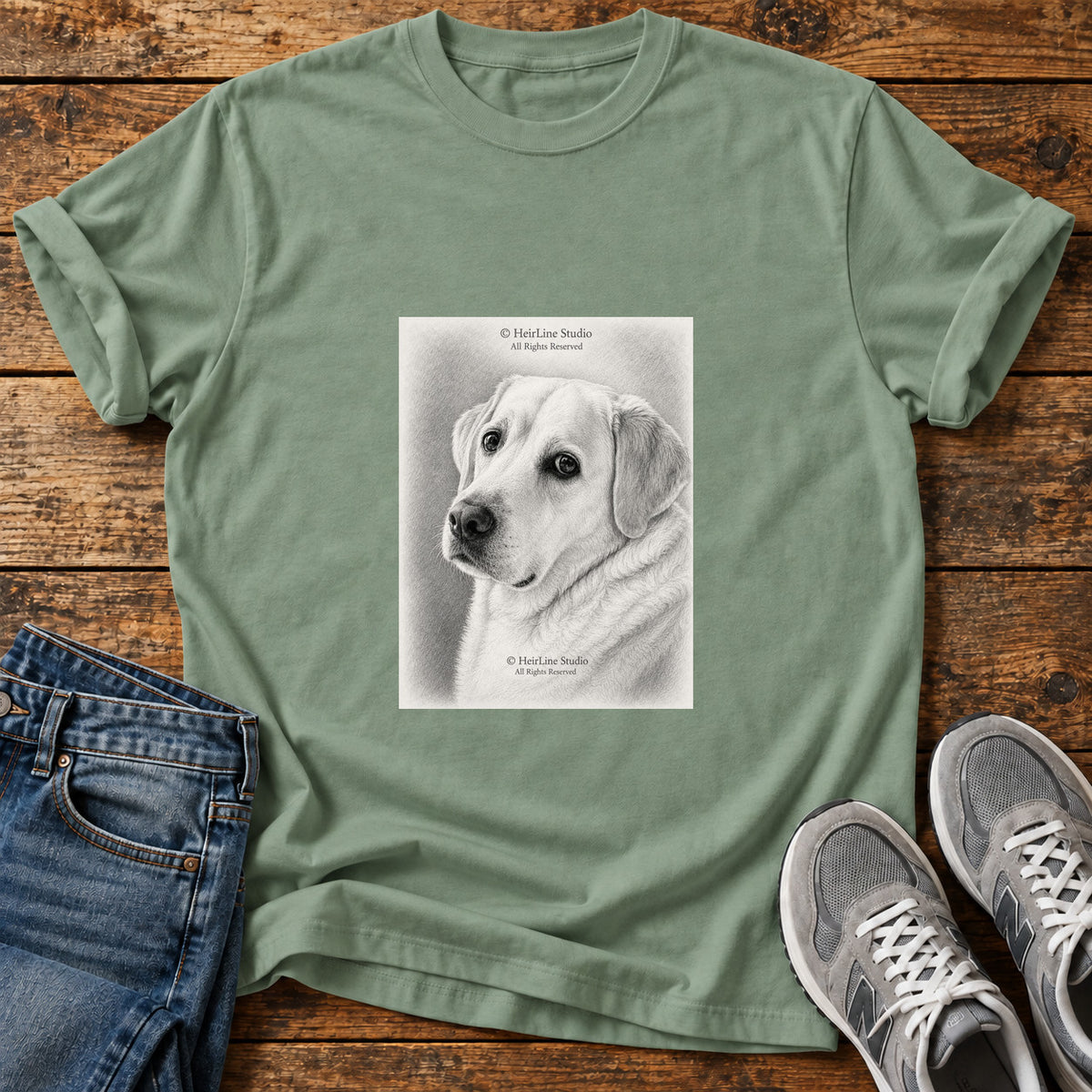 Gentle Lab Great Dane graphic T-shirt in Sage, shown on a flat-lay shirt mockup