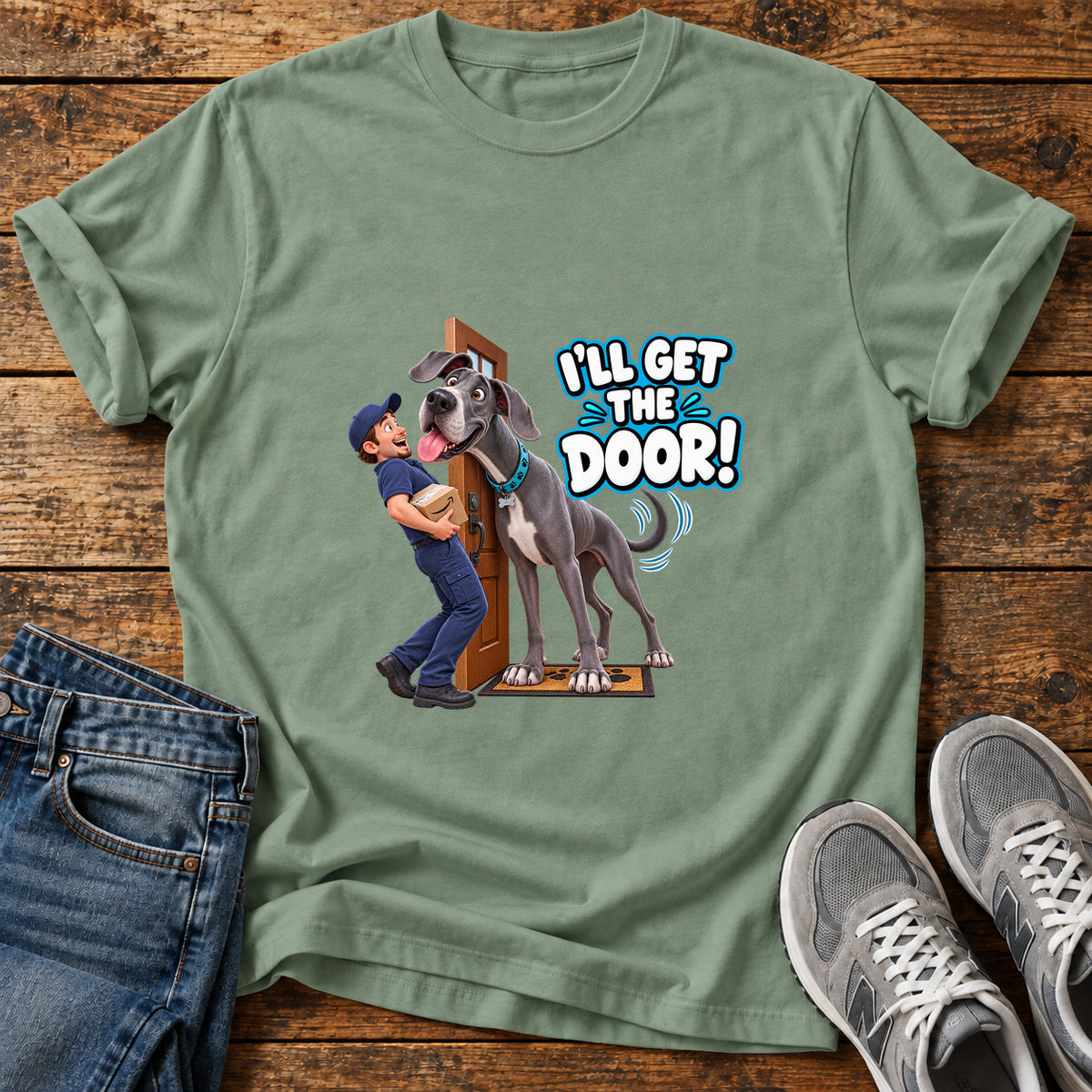 I'll Get Door Great Dane graphic T-shirt in Sage, shown on a flat-lay shirt mockup