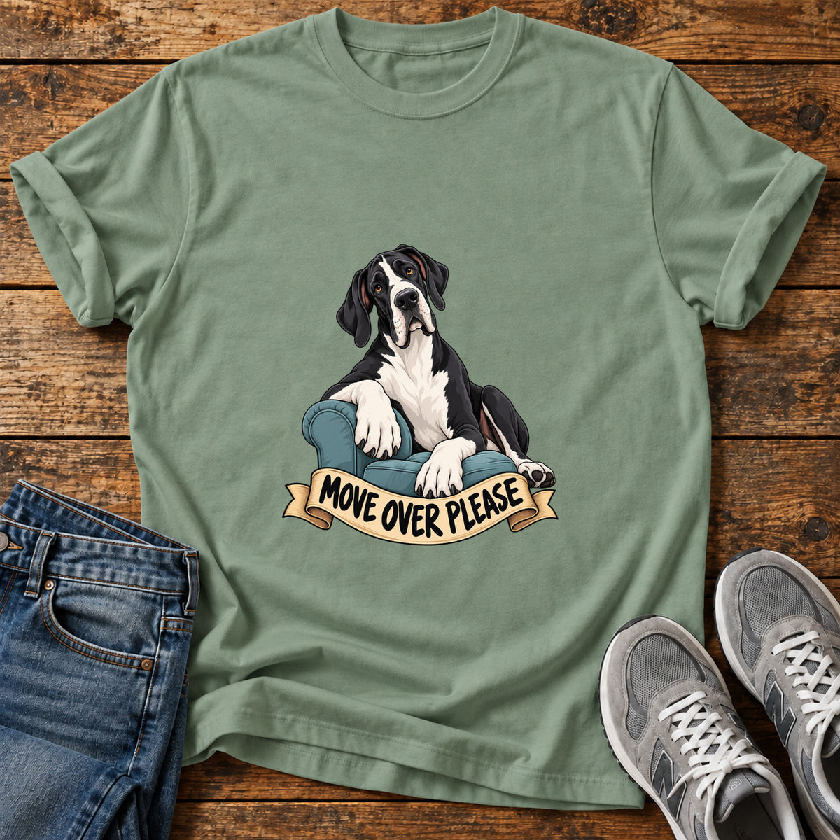 Move Over Please Great Dane graphic T-shirt in Sage, shown on a flat-lay shirt mockup