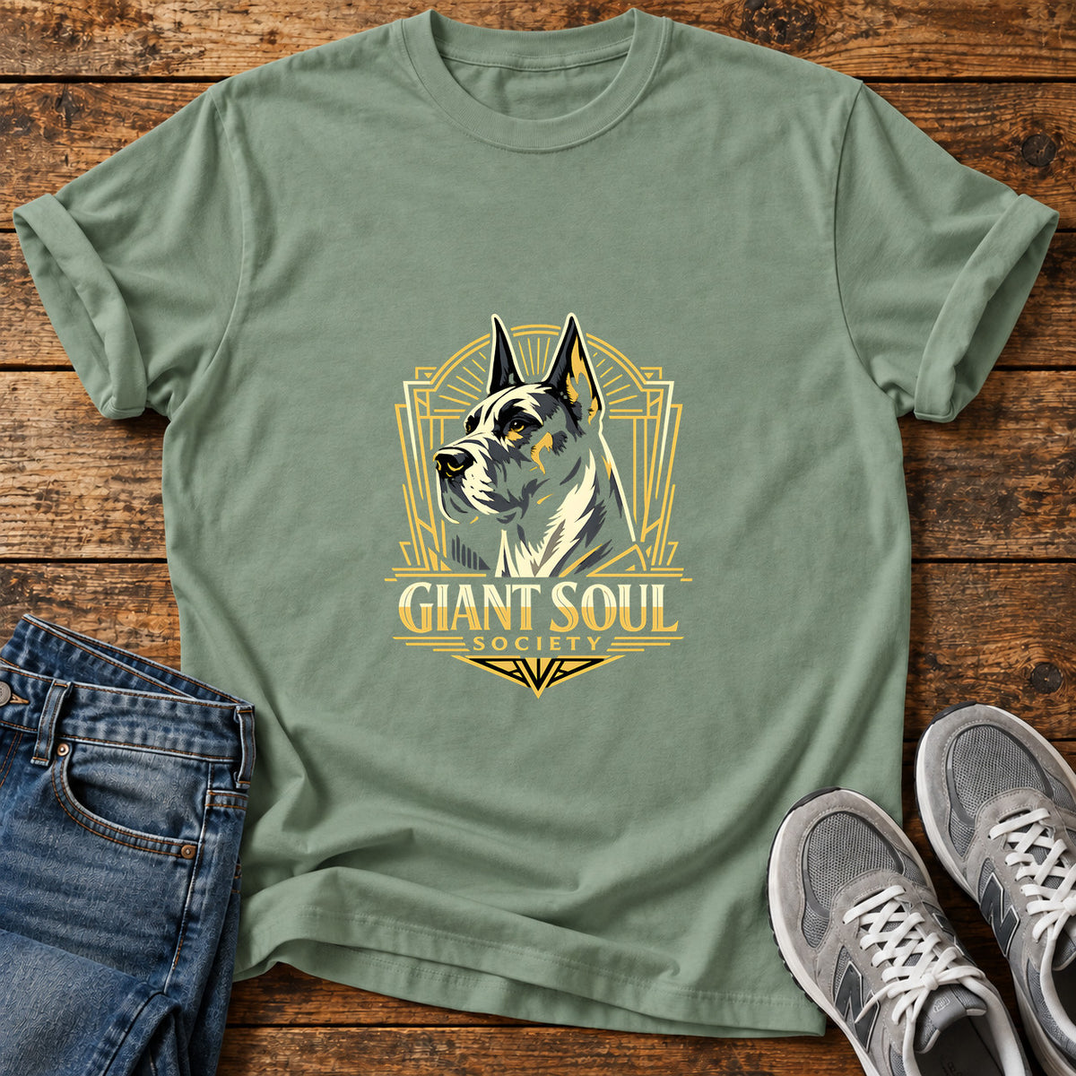 Giant Soul Society Great Dane graphic T-shirt in Sage, shown on a flat-lay shirt mockup