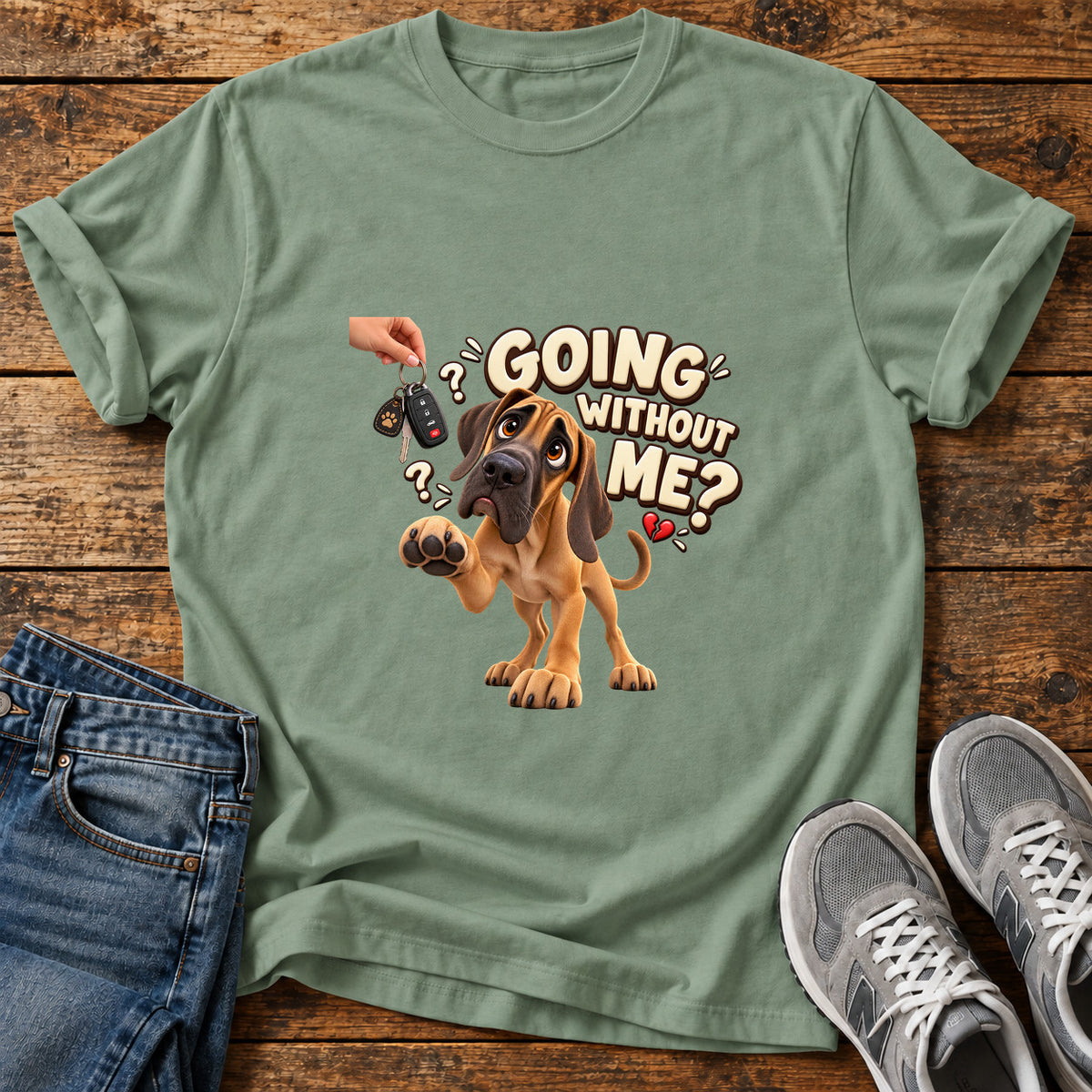 Going Without Me Great Dane graphic T-shirt in Sage, shown on a flat-lay shirt mockup