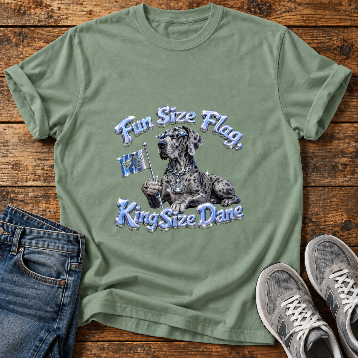 Fun Size Flag Great Dane graphic T-shirt in Sage, shown on a flat-lay shirt mockup
