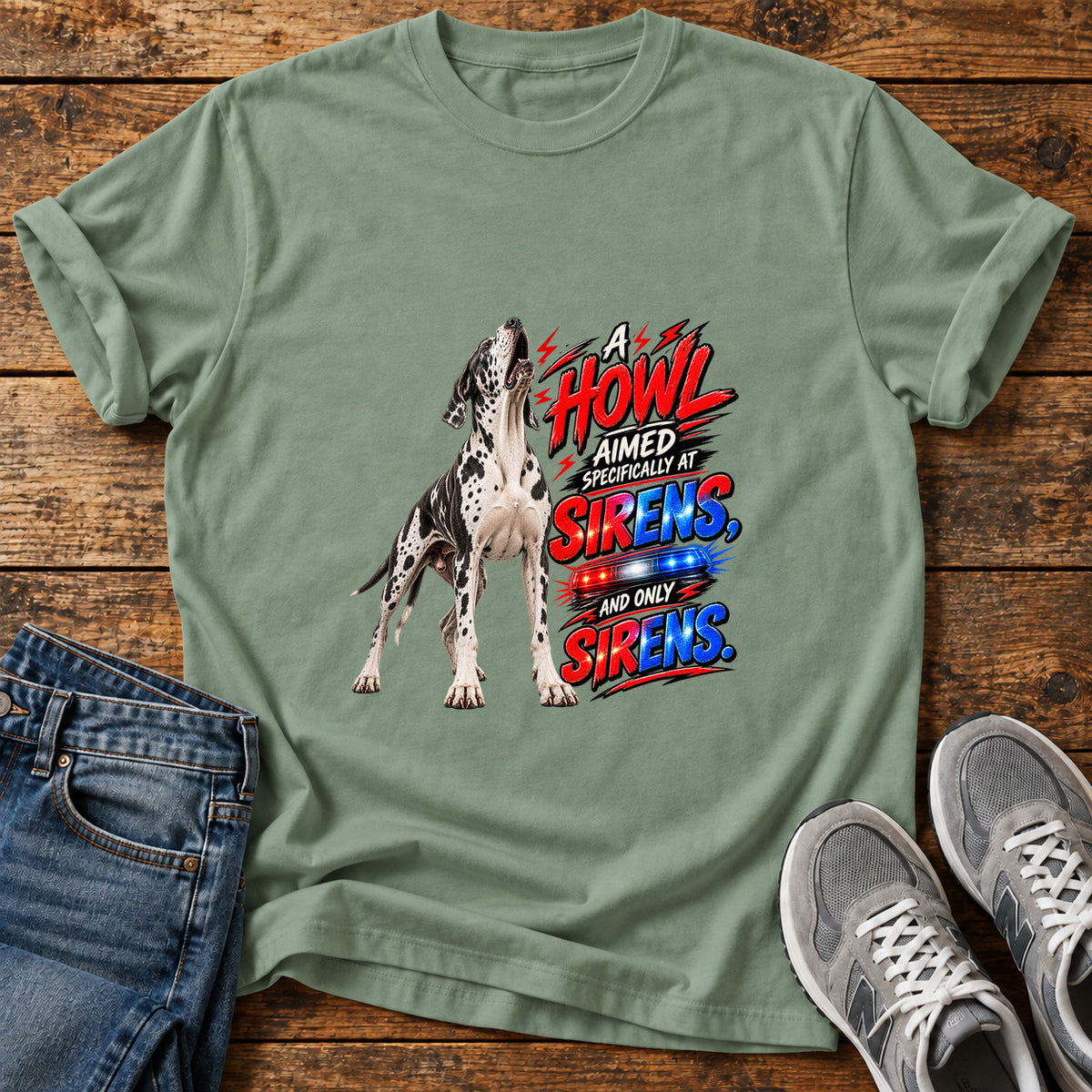 Howl Sirens Great Dane graphic T-shirt in Sage, shown on a flat-lay shirt mockup