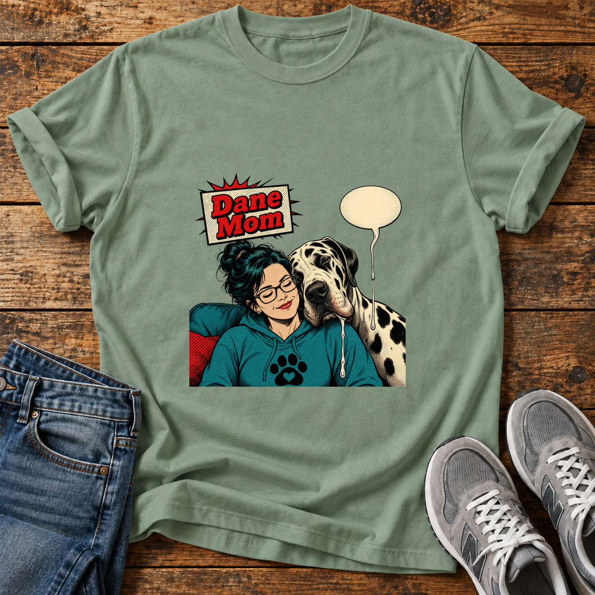 Dane Mom Great Dane graphic T-shirt in Sage, shown on a flat-lay shirt mockup
