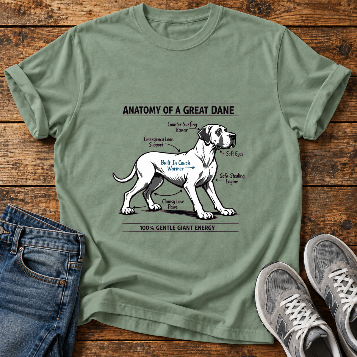 Gentle Giant Energy Great Dane graphic T-shirt in Sage, shown on a flat-lay shirt mockup