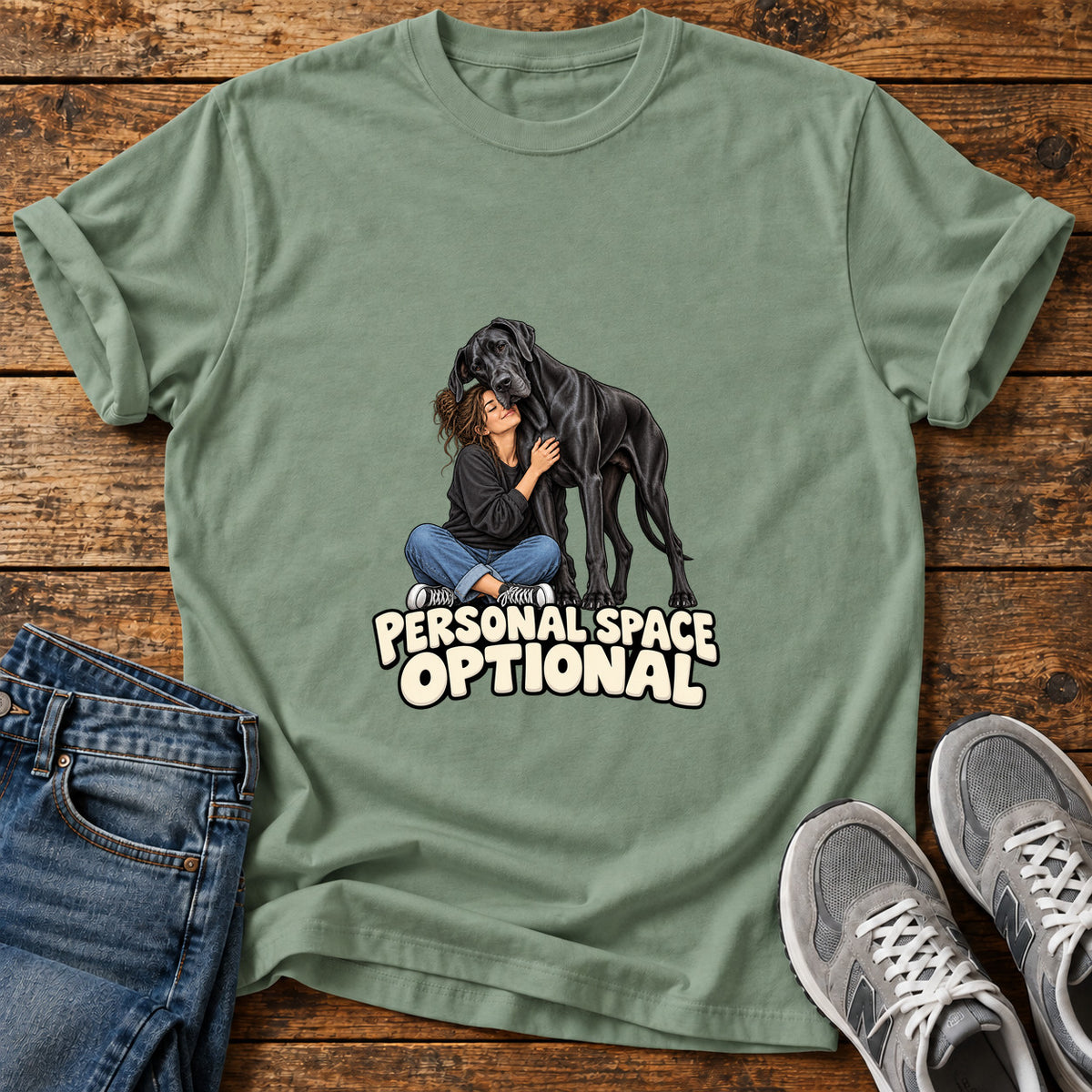 Personal Space Optional Great Dane graphic T-shirt in Sage, shown on a flat-lay shirt mockup
