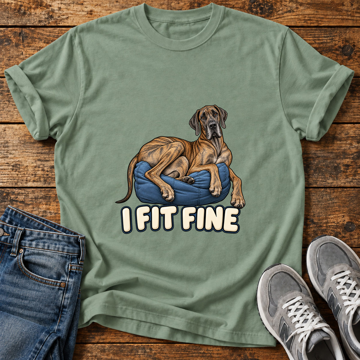 I Fit Fine Great Dane graphic T-shirt in Sage, shown on a flat-lay shirt mockup