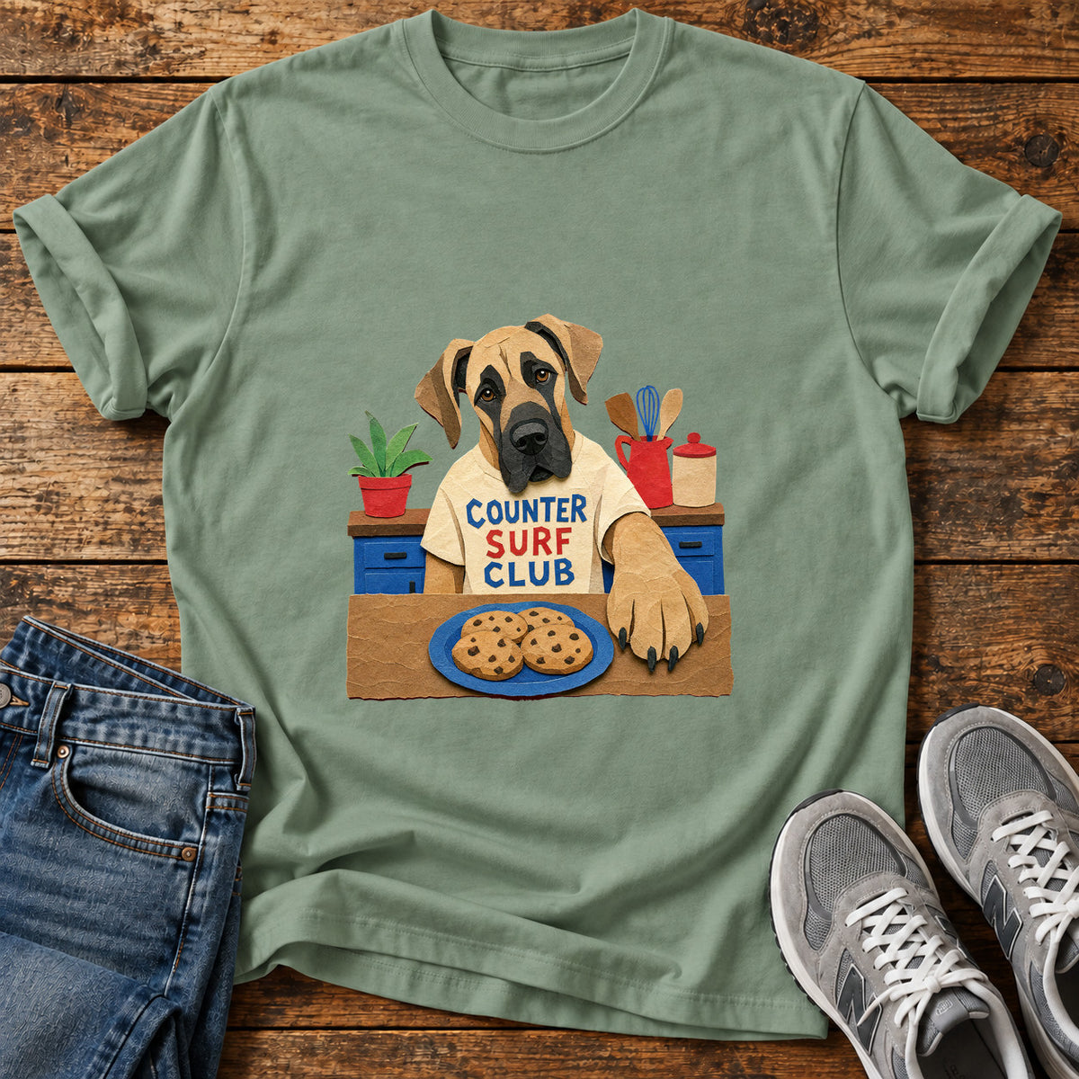 Counter Surf Club Great Dane graphic T-shirt in Sage, shown on a flat-lay shirt mockup