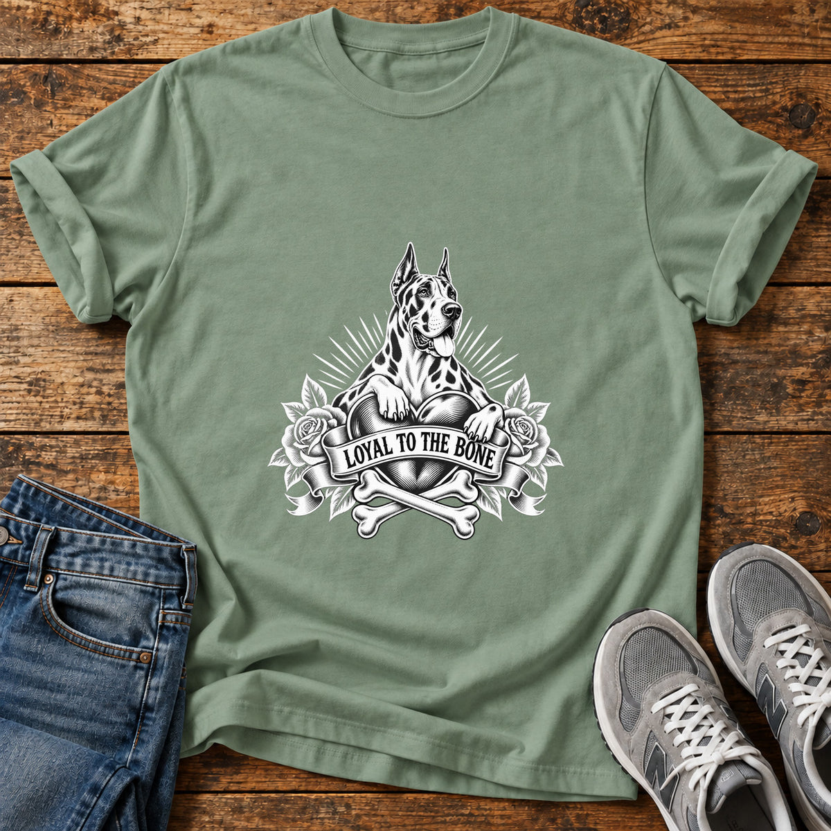 Loyal To The Great Dane graphic T-shirt in Sage, shown on a flat-lay shirt mockup