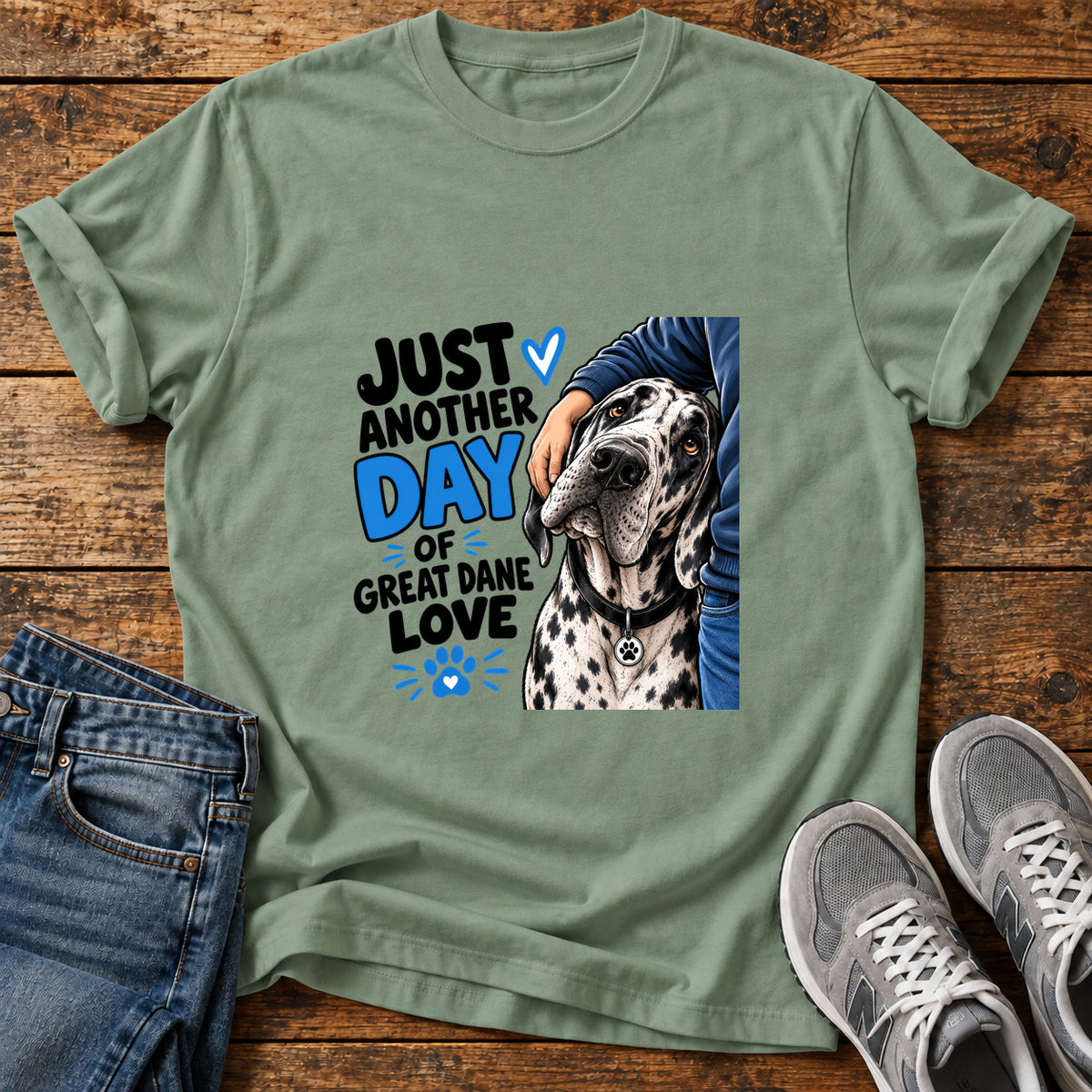 Great Dane Love graphic T-shirt in Sage, shown on a flat-lay shirt mockup