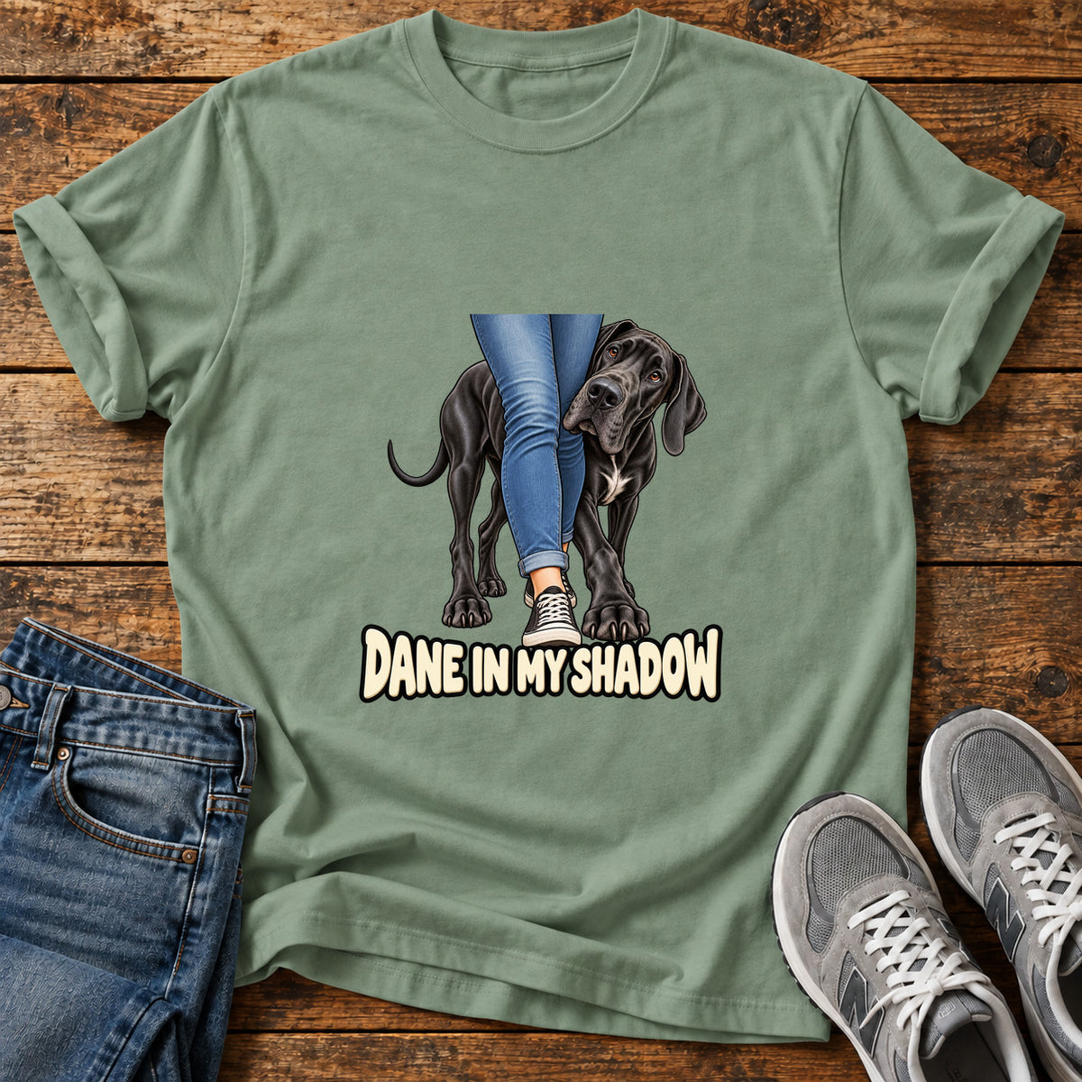 Dane In Shadow Great Dane graphic T-shirt in Sage, shown on a flat-lay shirt mockup