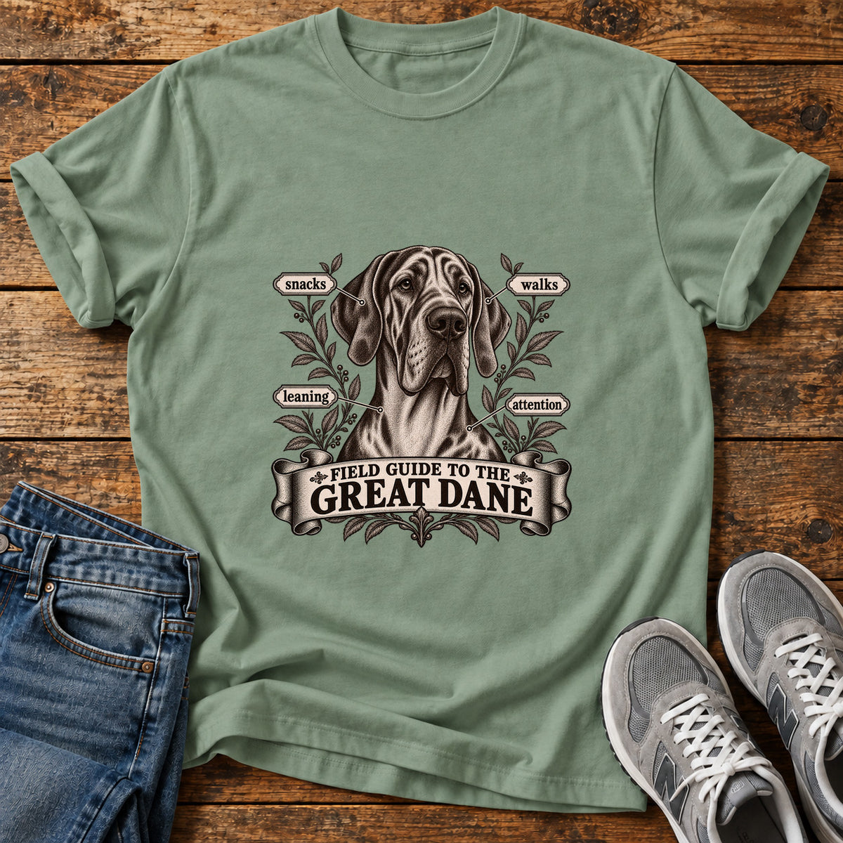 Great Dane Guide graphic T-shirt in Sage, shown on a flat-lay shirt mockup