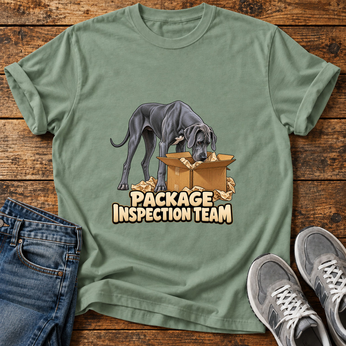 Package Dog Patrol Great Dane graphic T-shirt in Sage, shown on a flat-lay shirt mockup