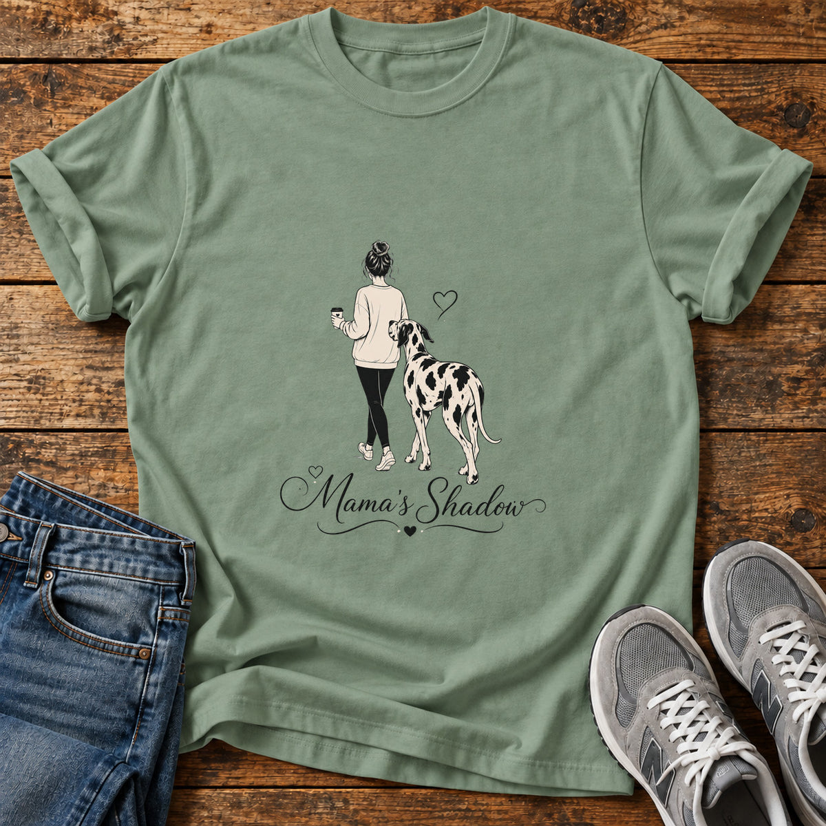 Mama's Shadow Great Dane graphic T-shirt in Sage, shown on a flat-lay shirt mockup
