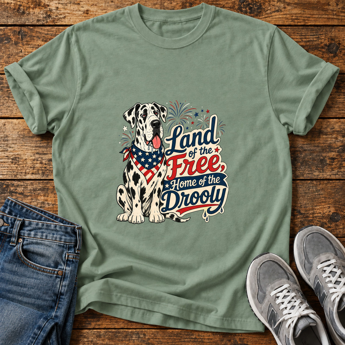 Land of Drooly Great Dane graphic T-shirt in Sage, shown on a flat-lay shirt mockup