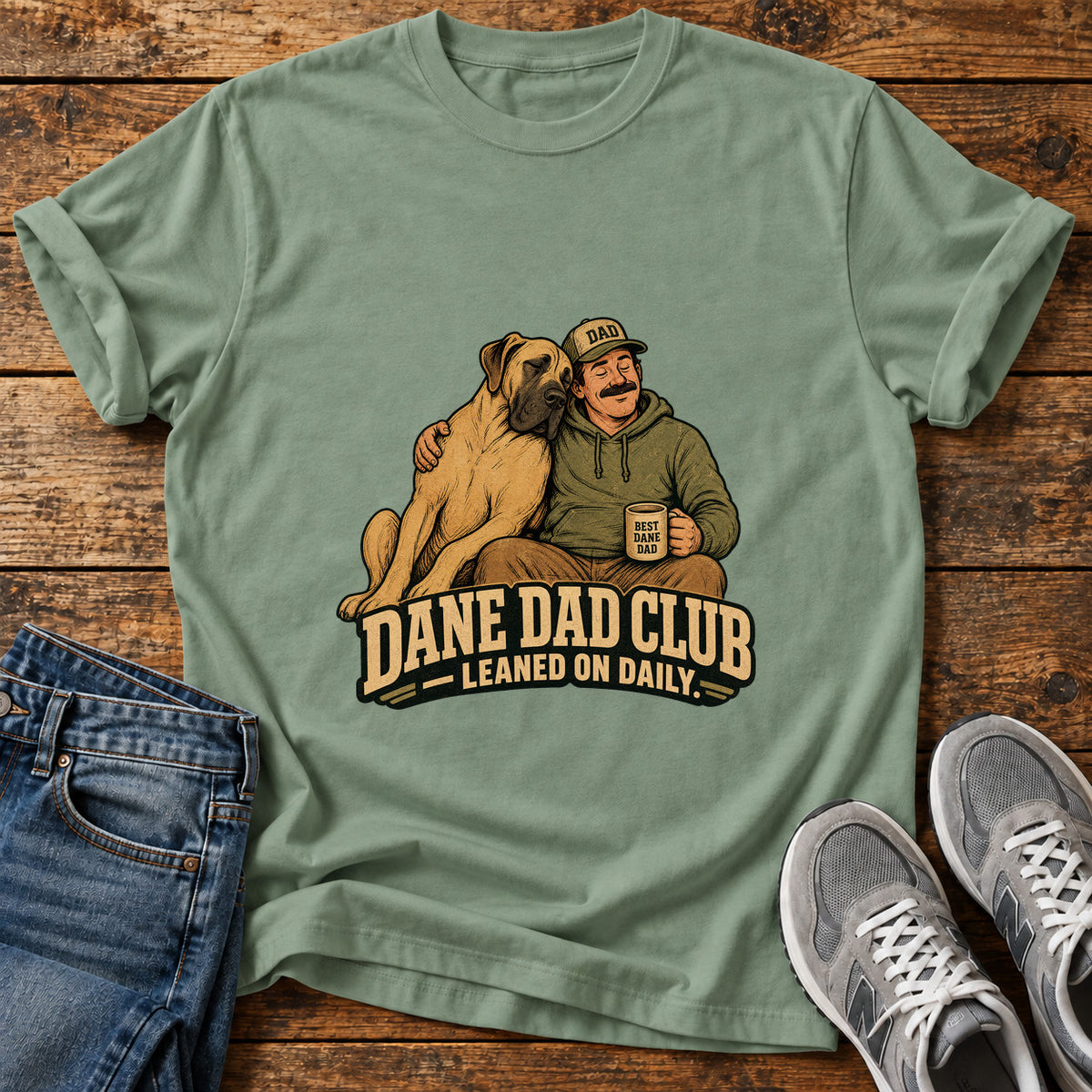 Dane Dad Club Great Dane graphic T-shirt in Sage, shown on a flat-lay shirt mockup