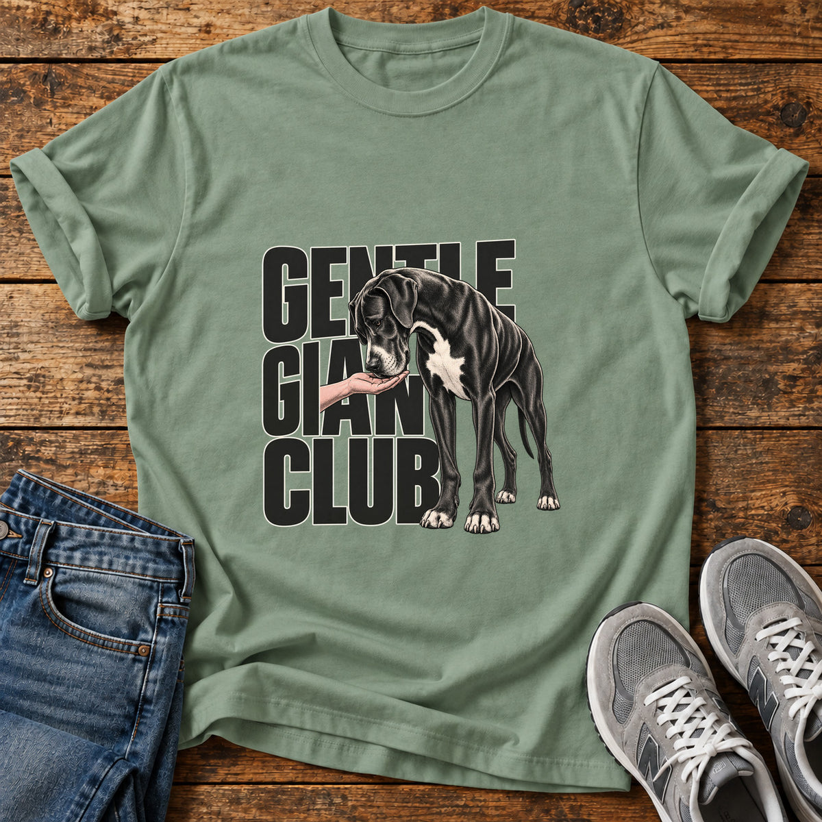 Gentle Giant Club Great Dane graphic T-shirt in Sage, shown on a flat-lay shirt mockup