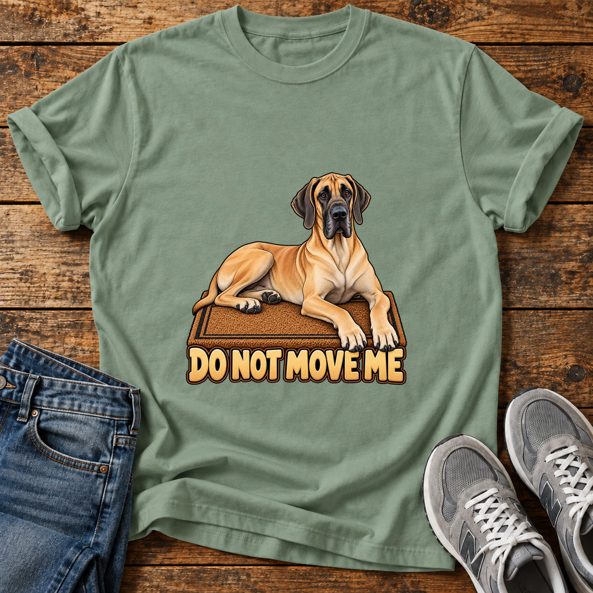 Do Not Move Great Dane graphic T-shirt in Sage, shown on a flat-lay shirt mockup