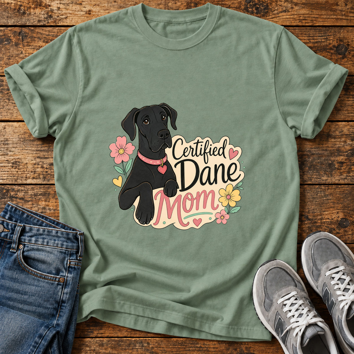 Certified Dane Mom Great Dane graphic T-shirt in Sage, shown on a flat-lay shirt mockup