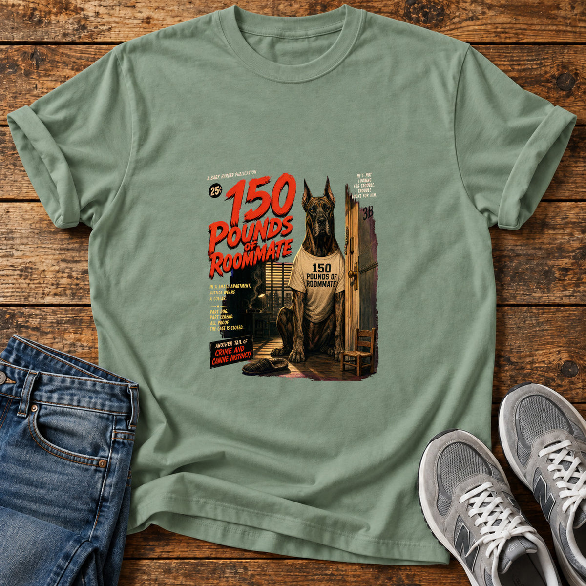 150 Pounds Roommate Great Dane graphic T-shirt in Sage, shown on a flat-lay shirt mockup