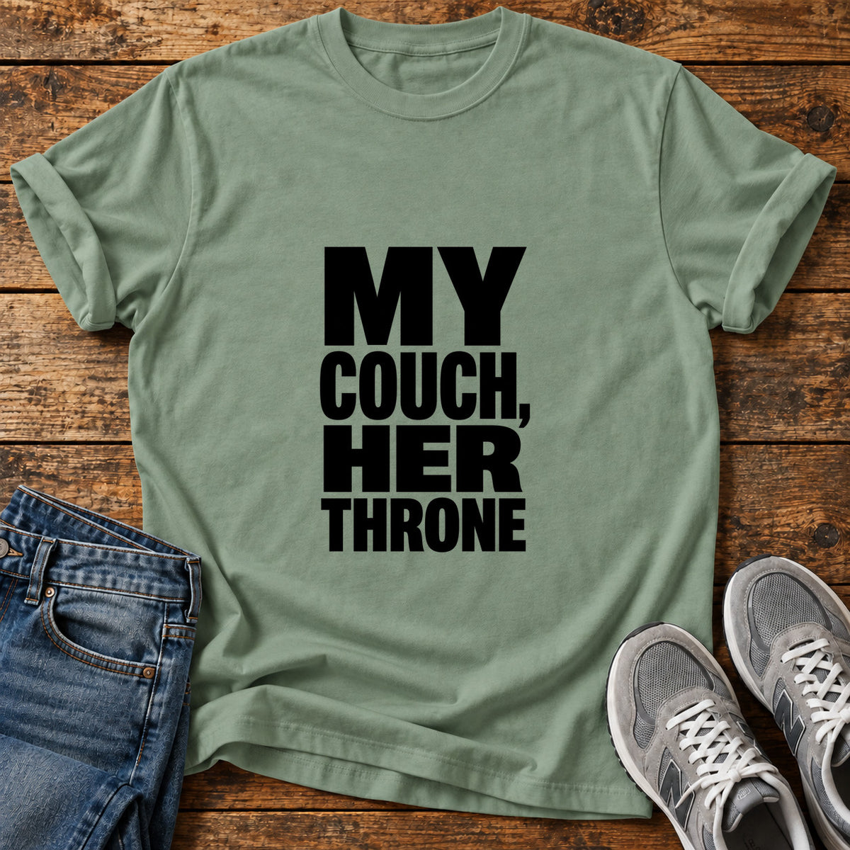 My Couch Throne Great Dane graphic T-shirt in Sage, shown on a flat-lay shirt mockup