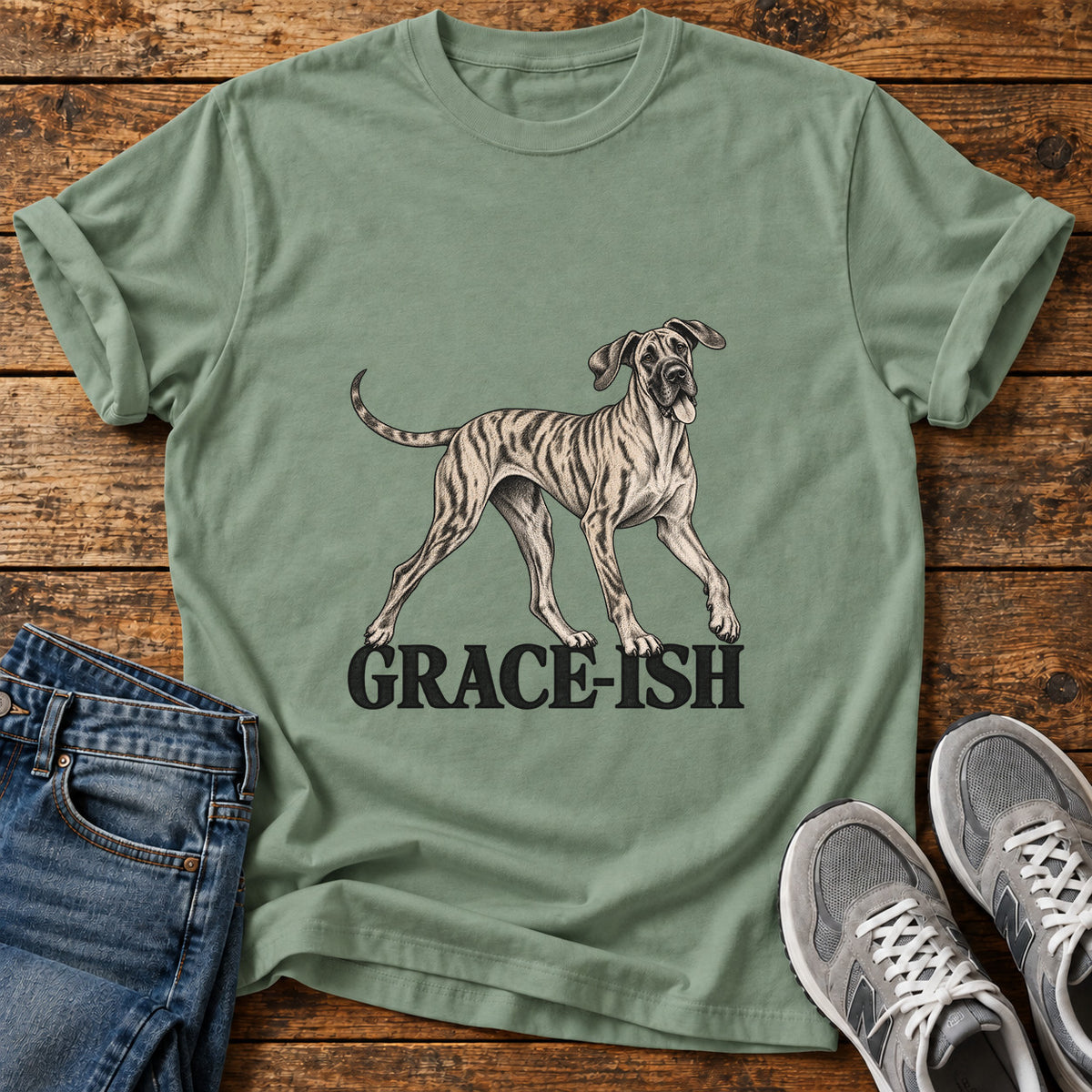 Grace-Ish Dog Great Dane graphic T-shirt in Sage, shown on a flat-lay shirt mockup