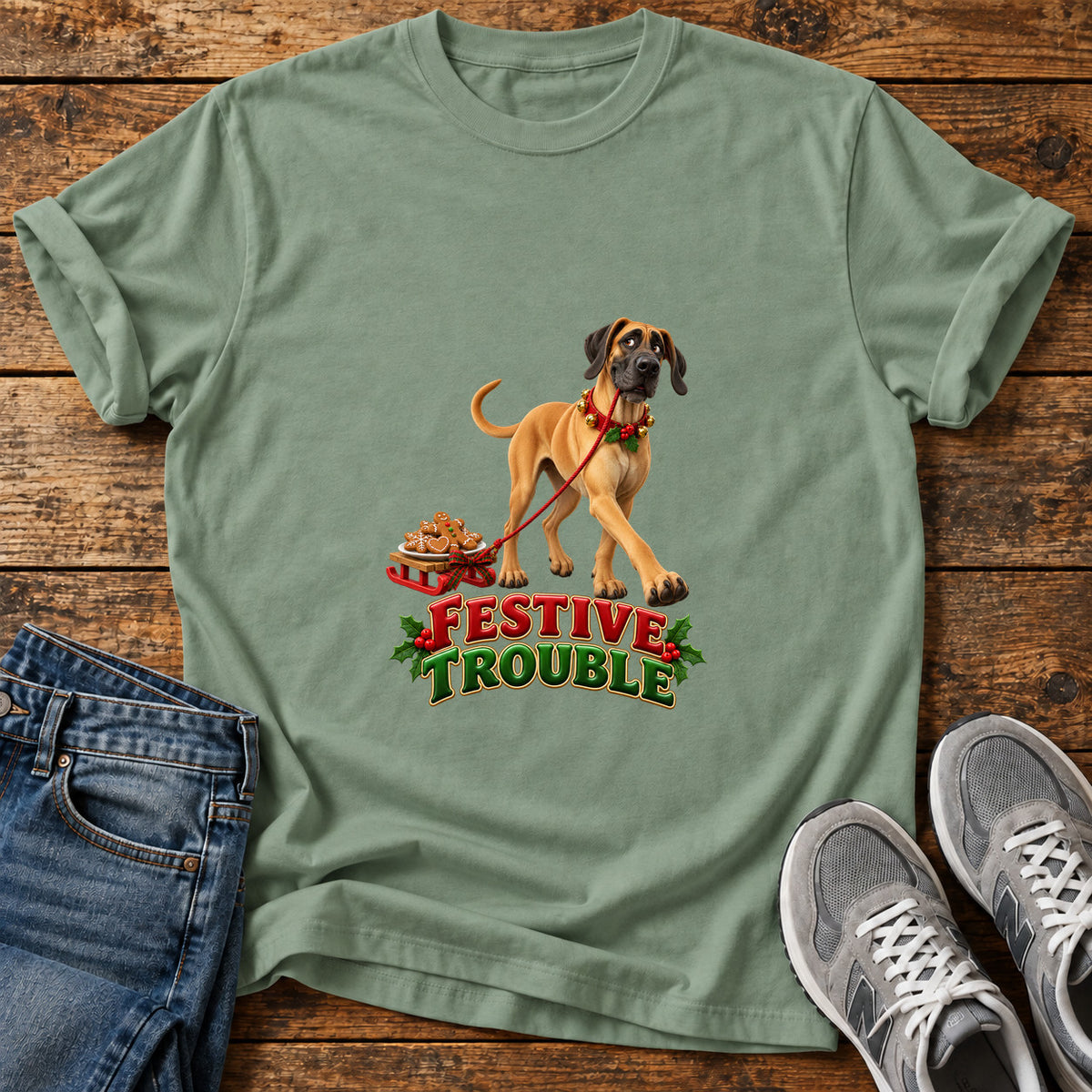 Festive Trouble Great Dane graphic T-shirt in Sage, shown on a flat-lay shirt mockup
