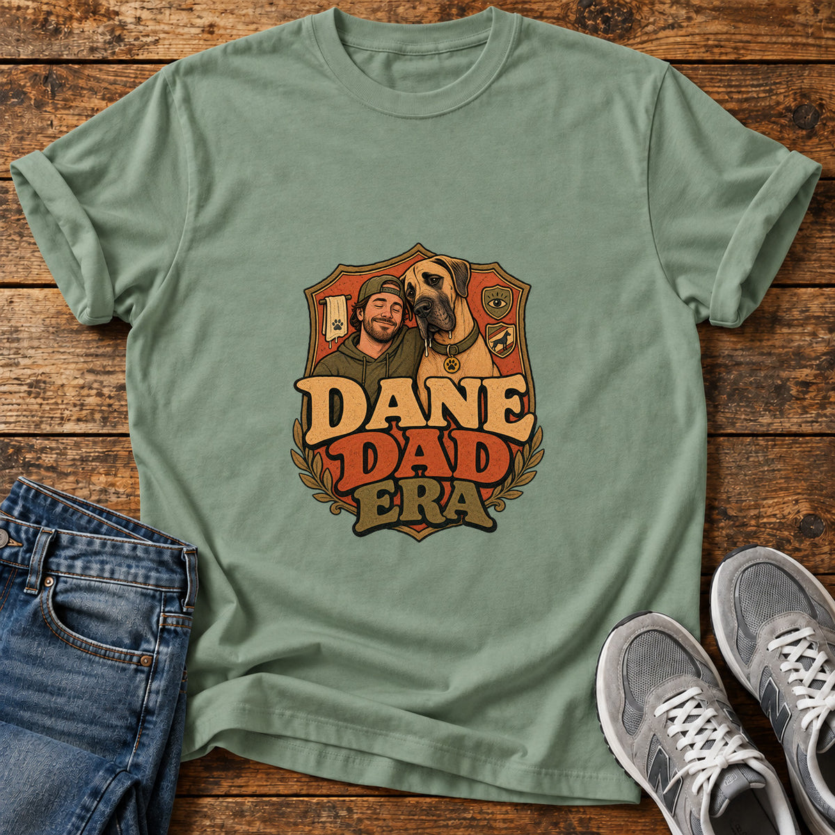 Dane Dad Era Great Dane graphic T-shirt in Sage, shown on a flat-lay shirt mockup