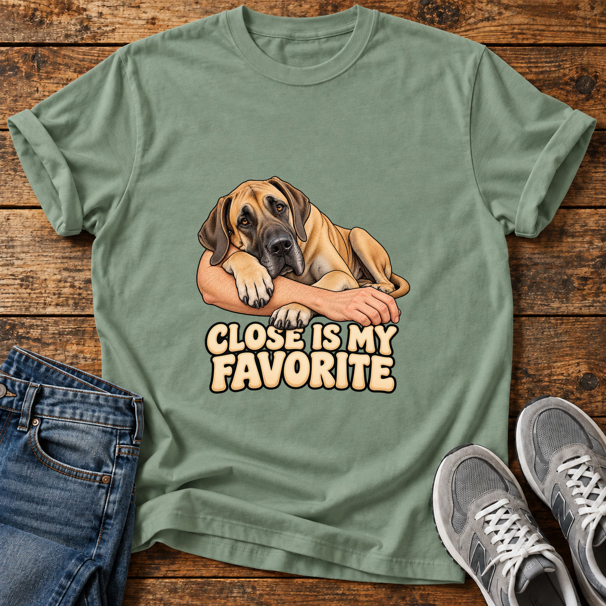 Close Favorite Great Dane graphic T-shirt in Sage, shown on a flat-lay shirt mockup