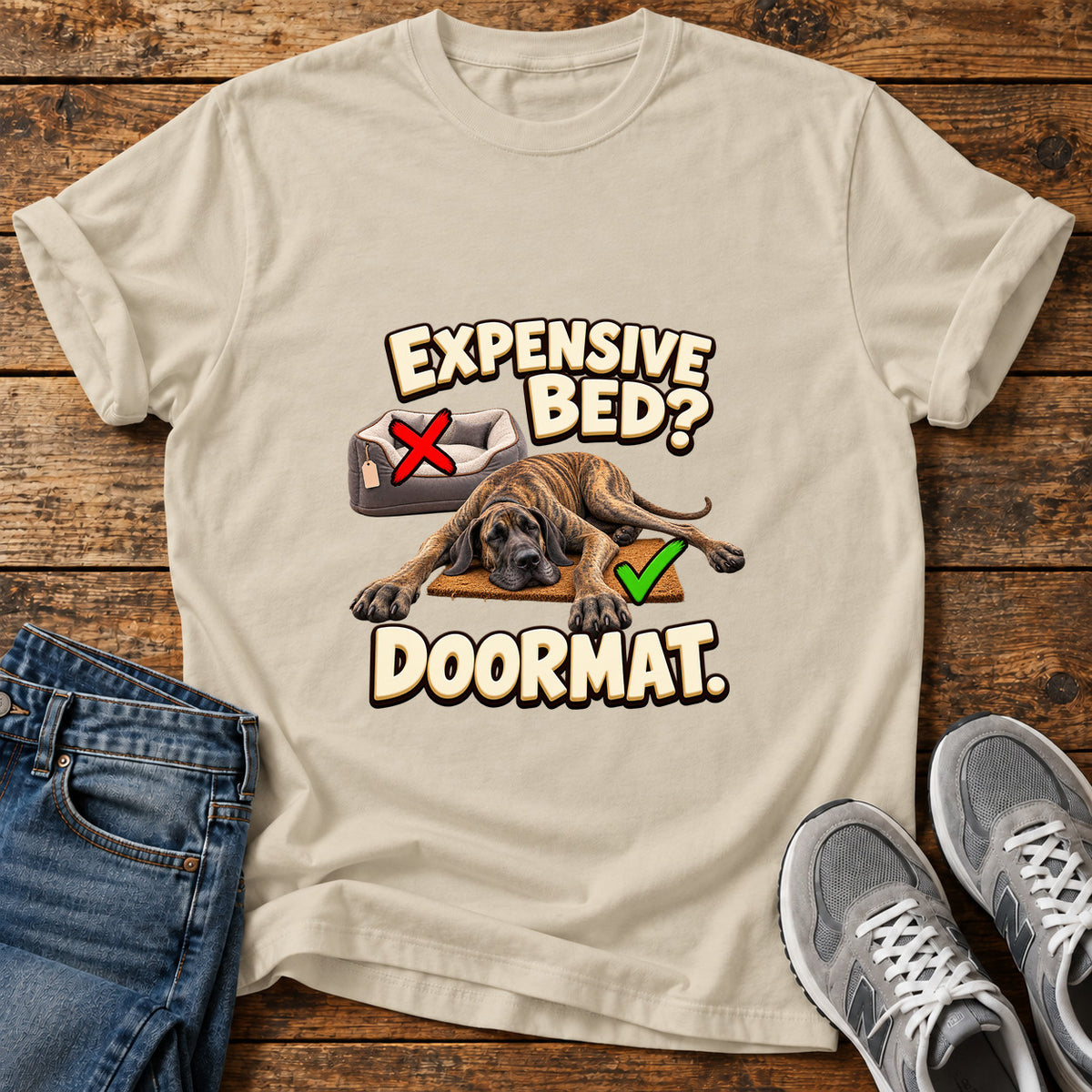 Expensive Bed Doormat Great Dane graphic T-shirt in Sand, shown on a flat-lay shirt mockup
