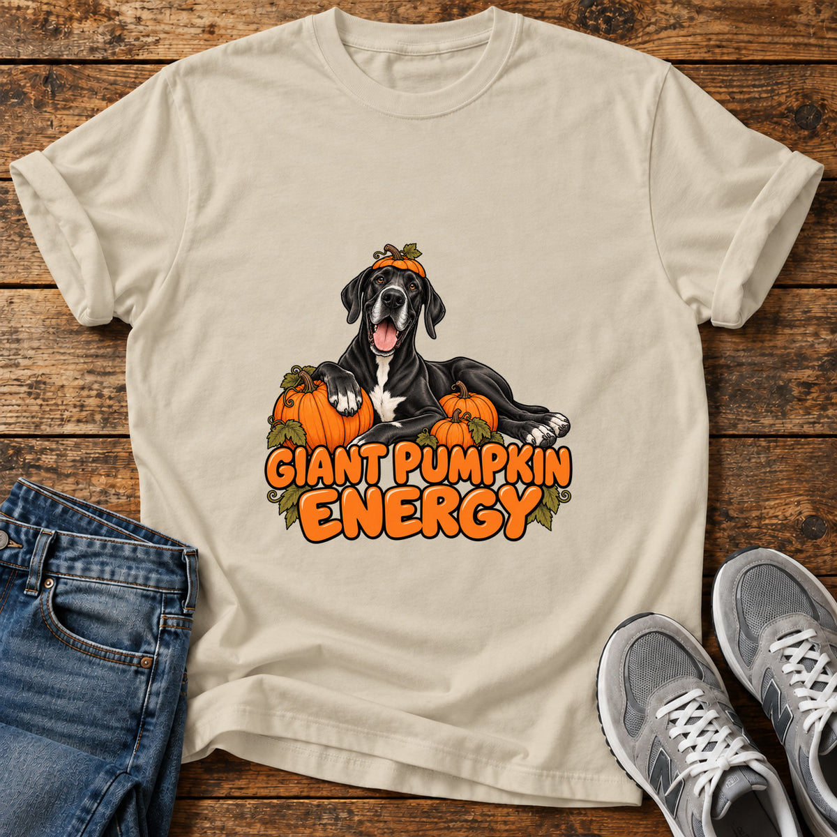 Giant Pumpkin Energy Great Dane graphic T-shirt in Sand, shown on a flat-lay shirt mockup