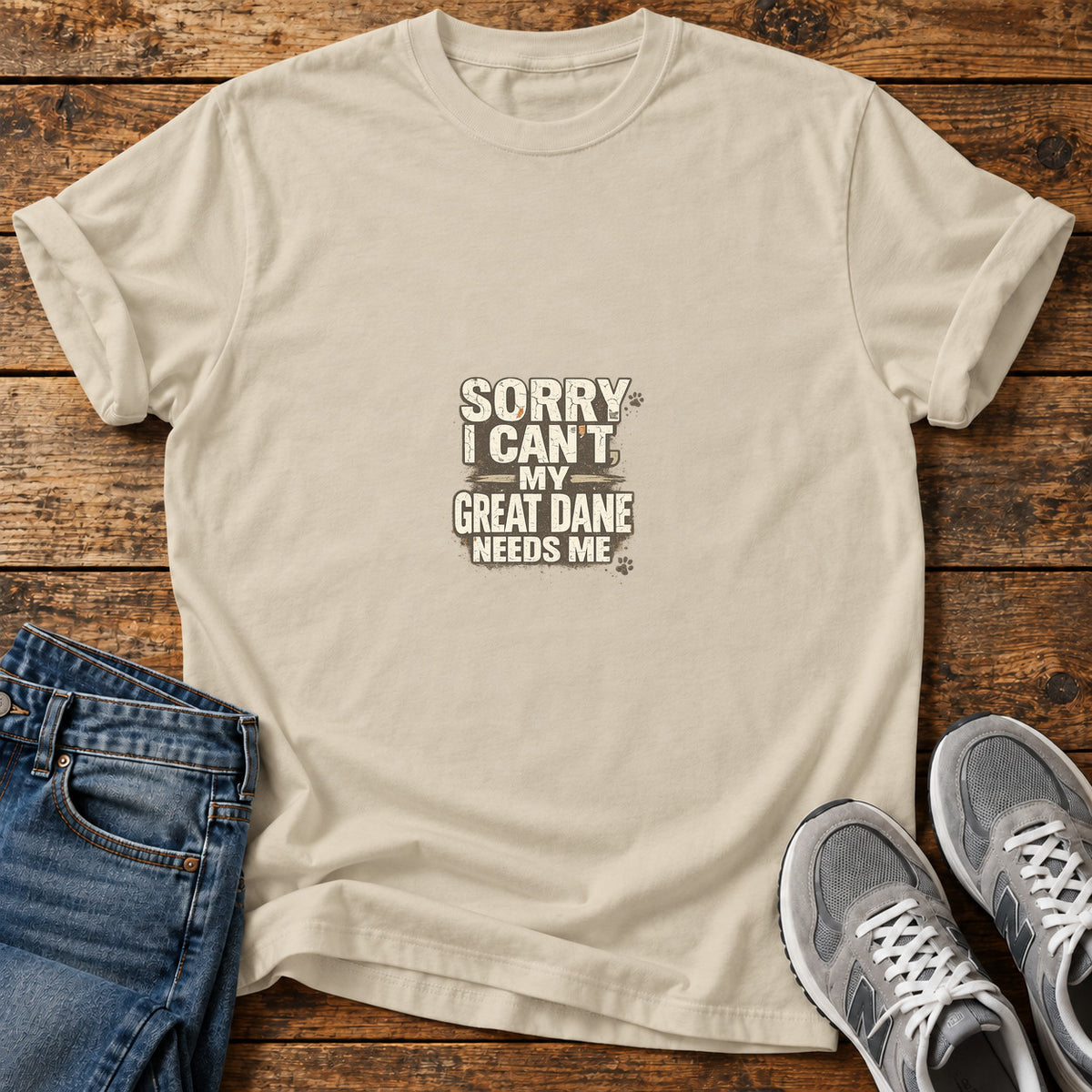 Great Dane Duty graphic T-shirt in Sand, shown on a flat-lay shirt mockup