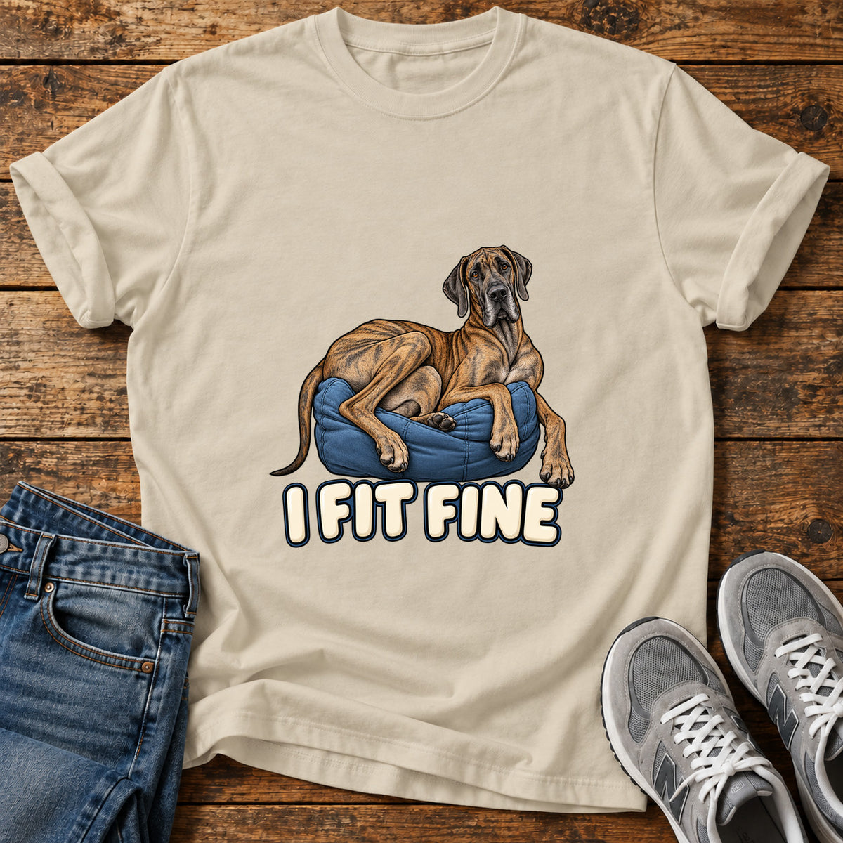 I Fit Fine Great Dane graphic T-shirt in Sand, shown on a flat-lay shirt mockup