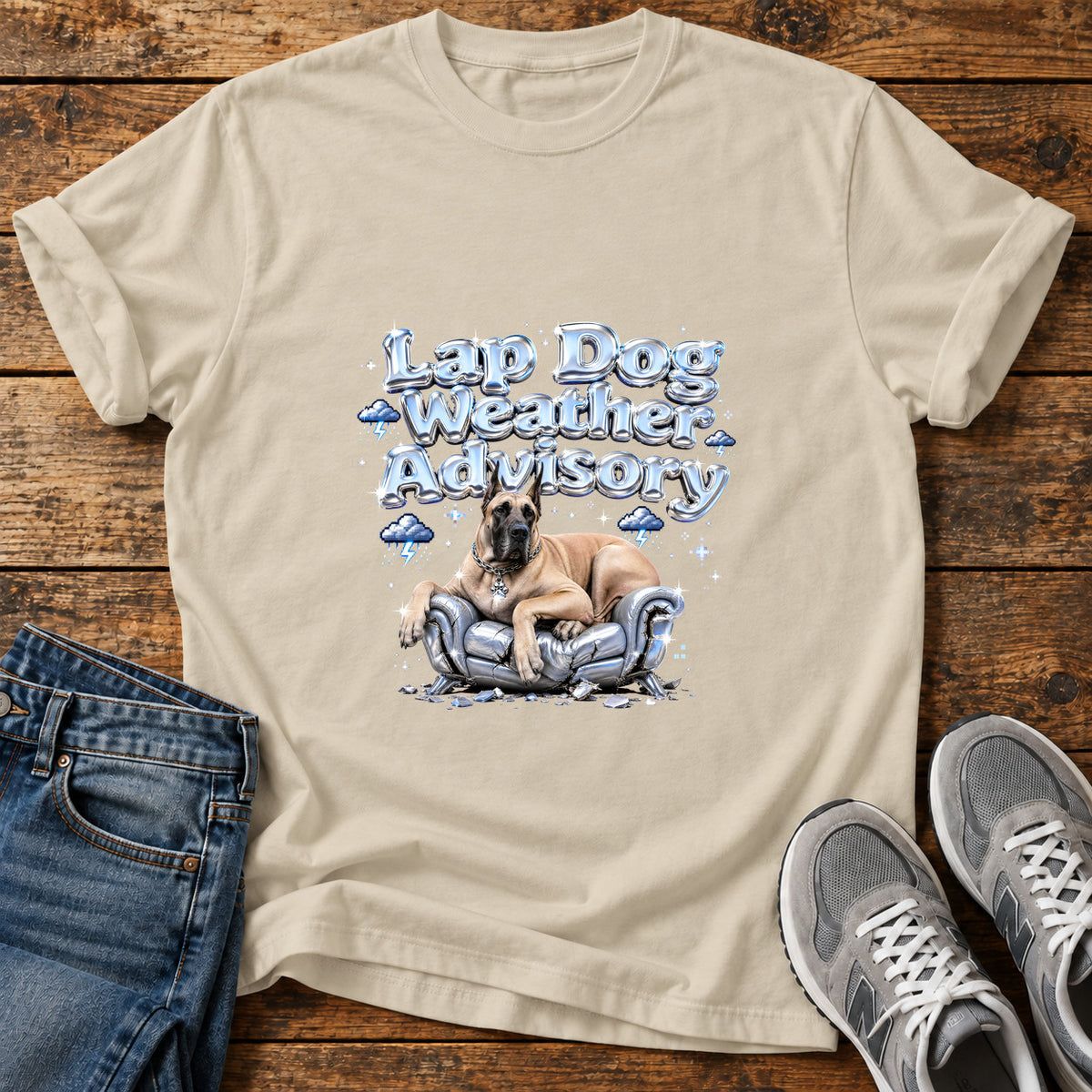 Lap Dog Advisory Great Dane graphic T-shirt in Sand, shown on a flat-lay shirt mockup
